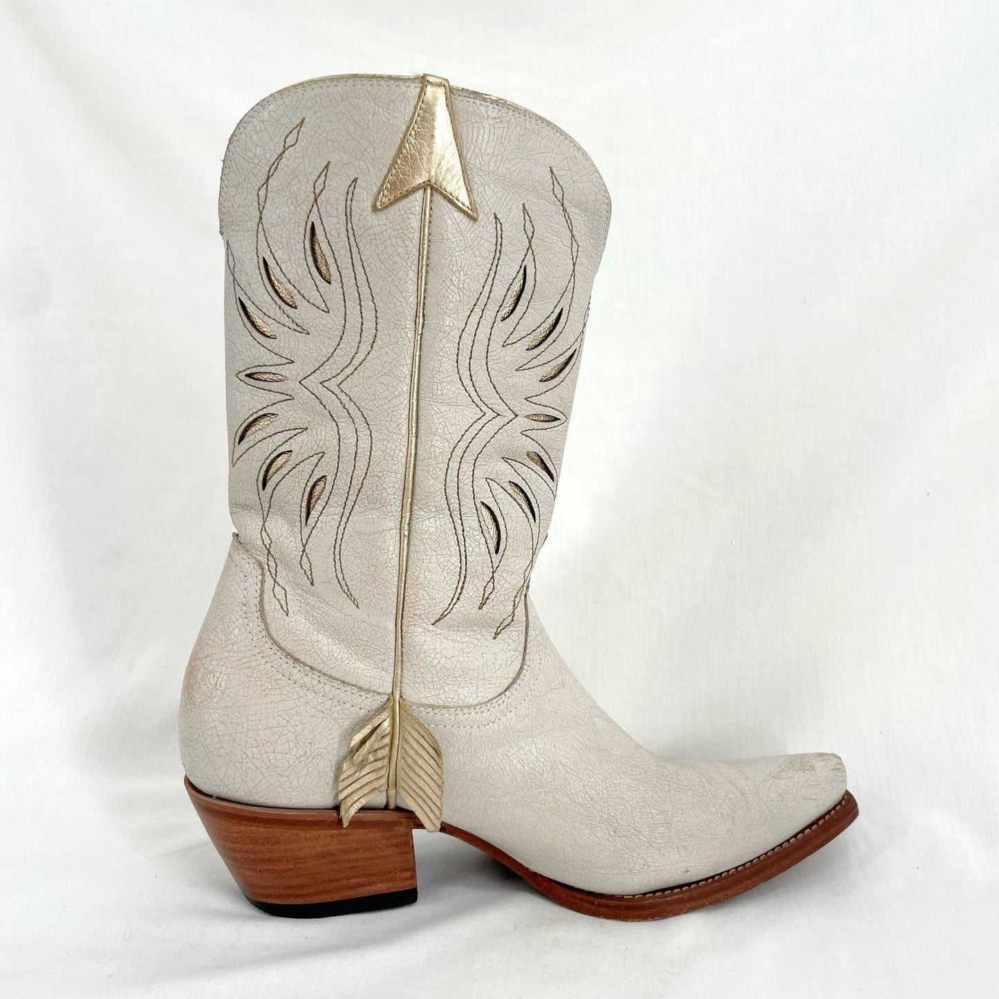 Lucchese x Kacey Musgraves Golden Arrow White Leather Cowboy Boots RARE Size 9.5