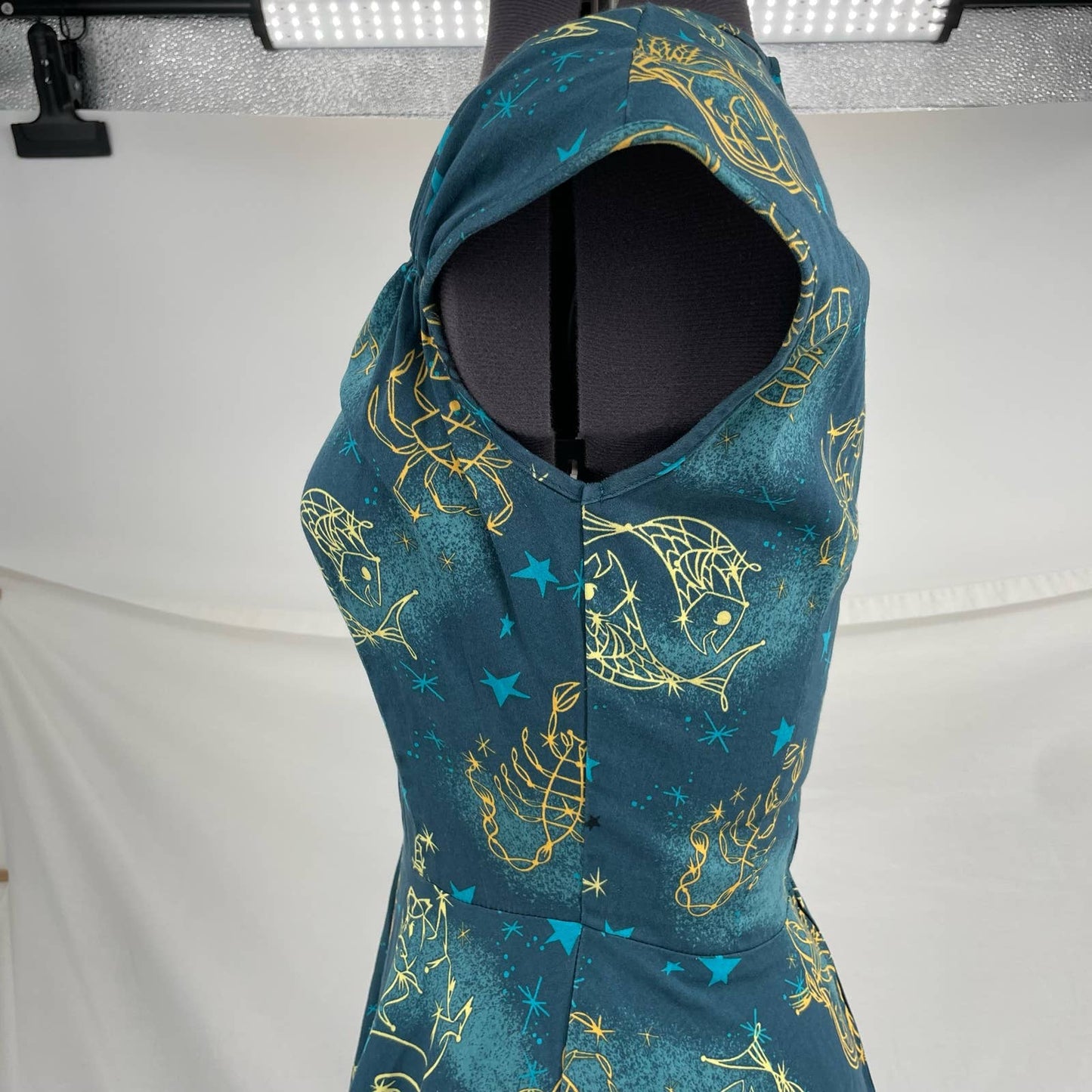 Pinup Couture Heidi Dress Darling Retro Astrology Zodiac Blue Yellow Stars Print Size M
