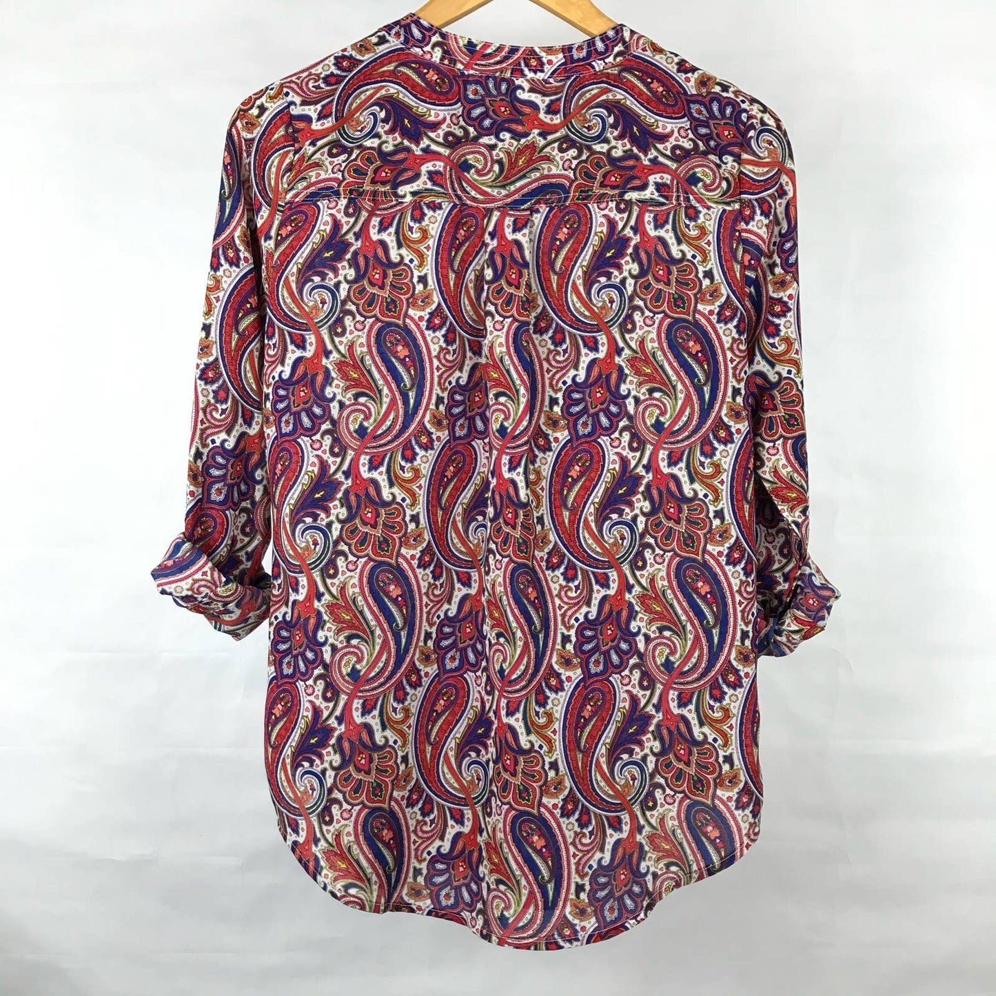 Liz Claiborne Paisley Floral Print Adjustable Roll Sleeve Jewel Tone Blouse Size S