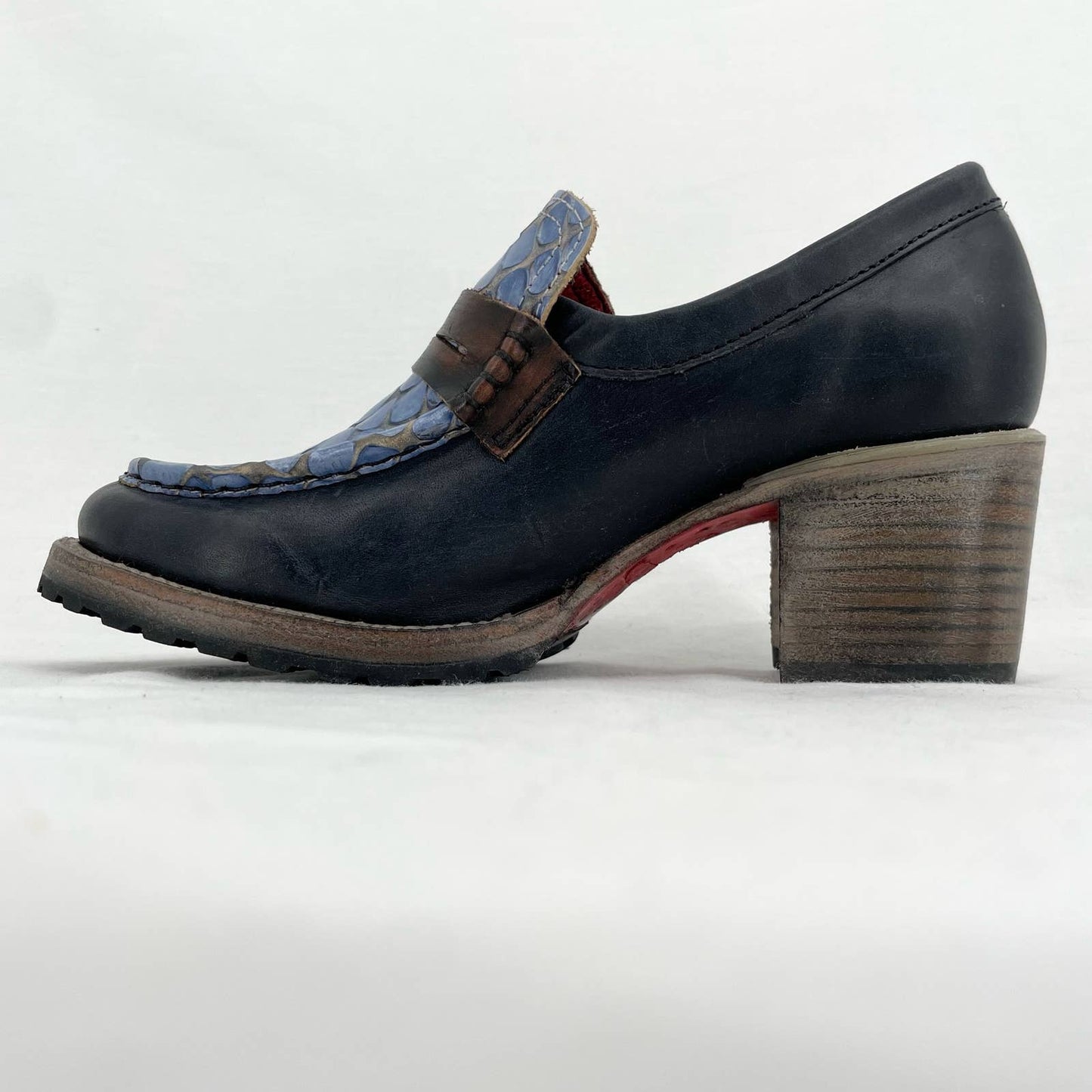 Freebird by Steven Bristol Blue Croc Black Leather Crocodile Loafer Heels Size 7