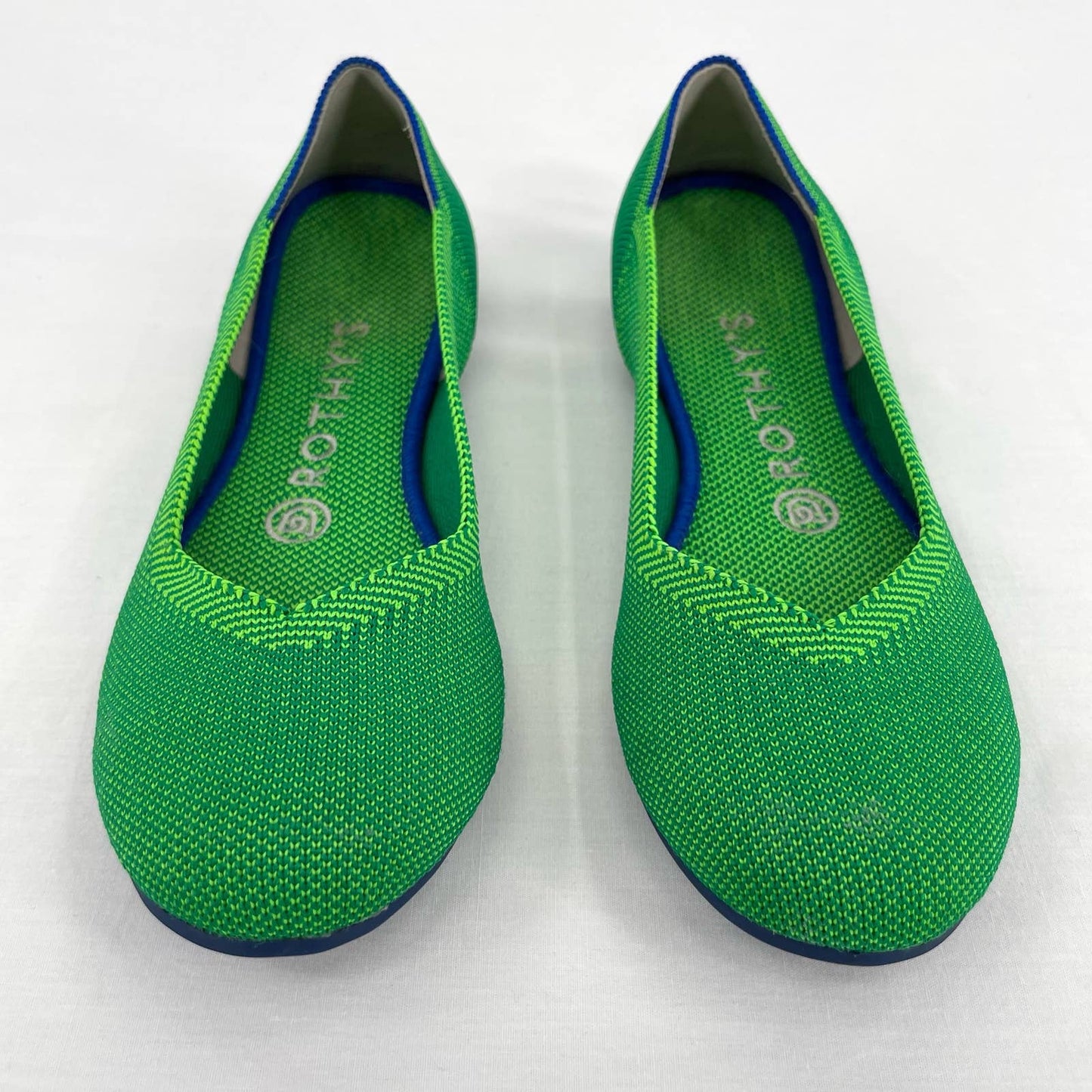 Rothy’s The Flat Jellybean Green Jelly Bean Reflex Blue Heel Stripe Shoes Size 7