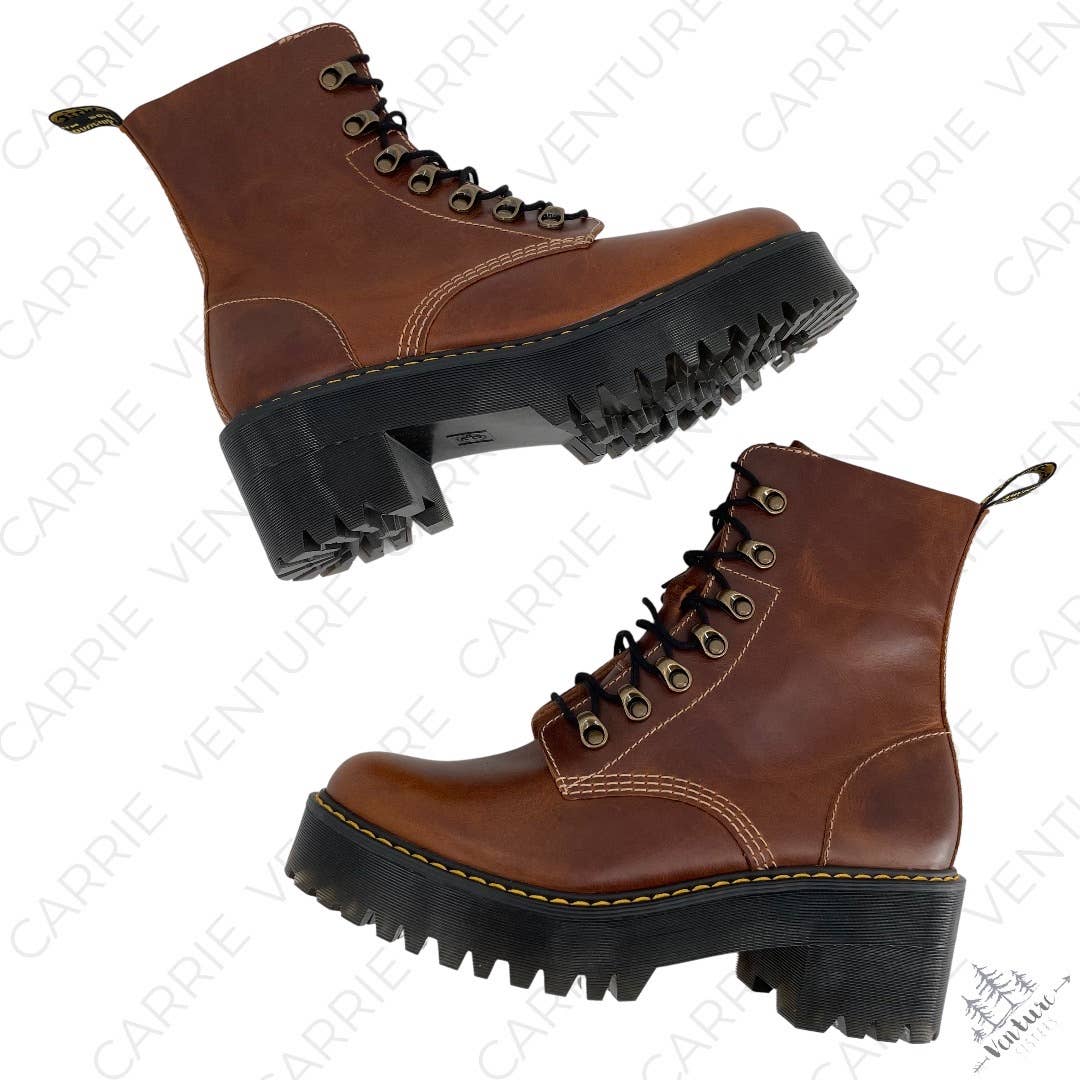 Dr. Martens Leona Butterscotch Orleans Leather Lace-Up 7 Eye Platform Boots Size 9