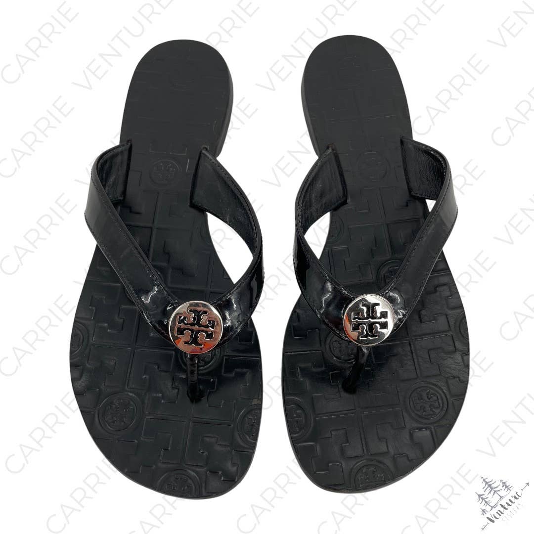 Tory Burch Thora Black Patent Leather Thong Sandals Metal Logo Medallion Size 7