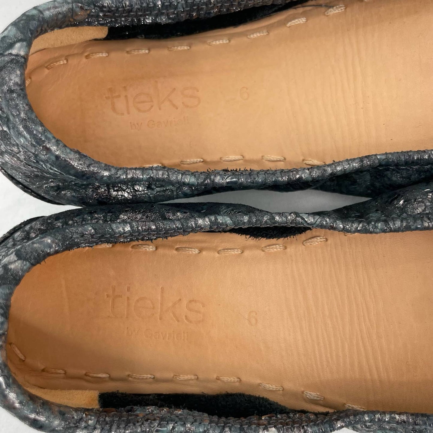 Tieks Drago Black Leather Ballet Flats Snakeskin Dragon Shiny Metallic Foil Shoe Size 6