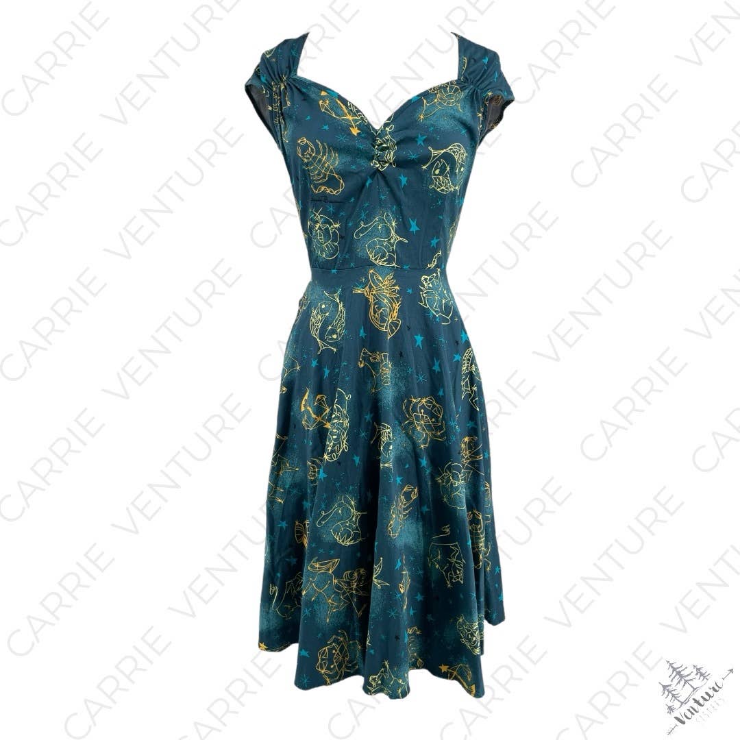 Pinup Couture Heidi Dress Darling Retro Astrology Zodiac Blue Yellow Stars Print Size M