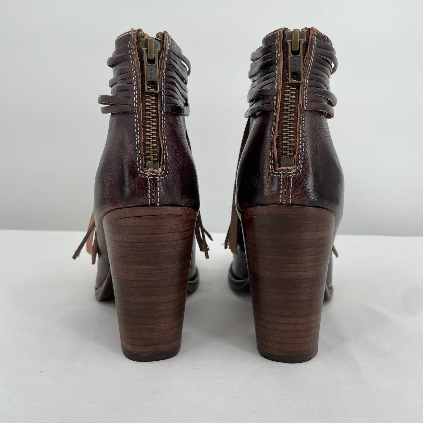 BED|STU Olivia Brown Rustic Fringe Peep Toe Ankle Booties Western Boho Size 9.5