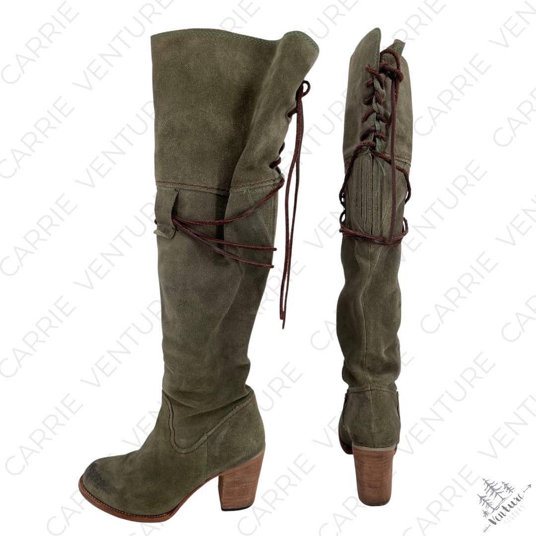 Freebird by Steven Brock Olive Green Suede Tall Leather OTK Heeled Lace Boots Size 10