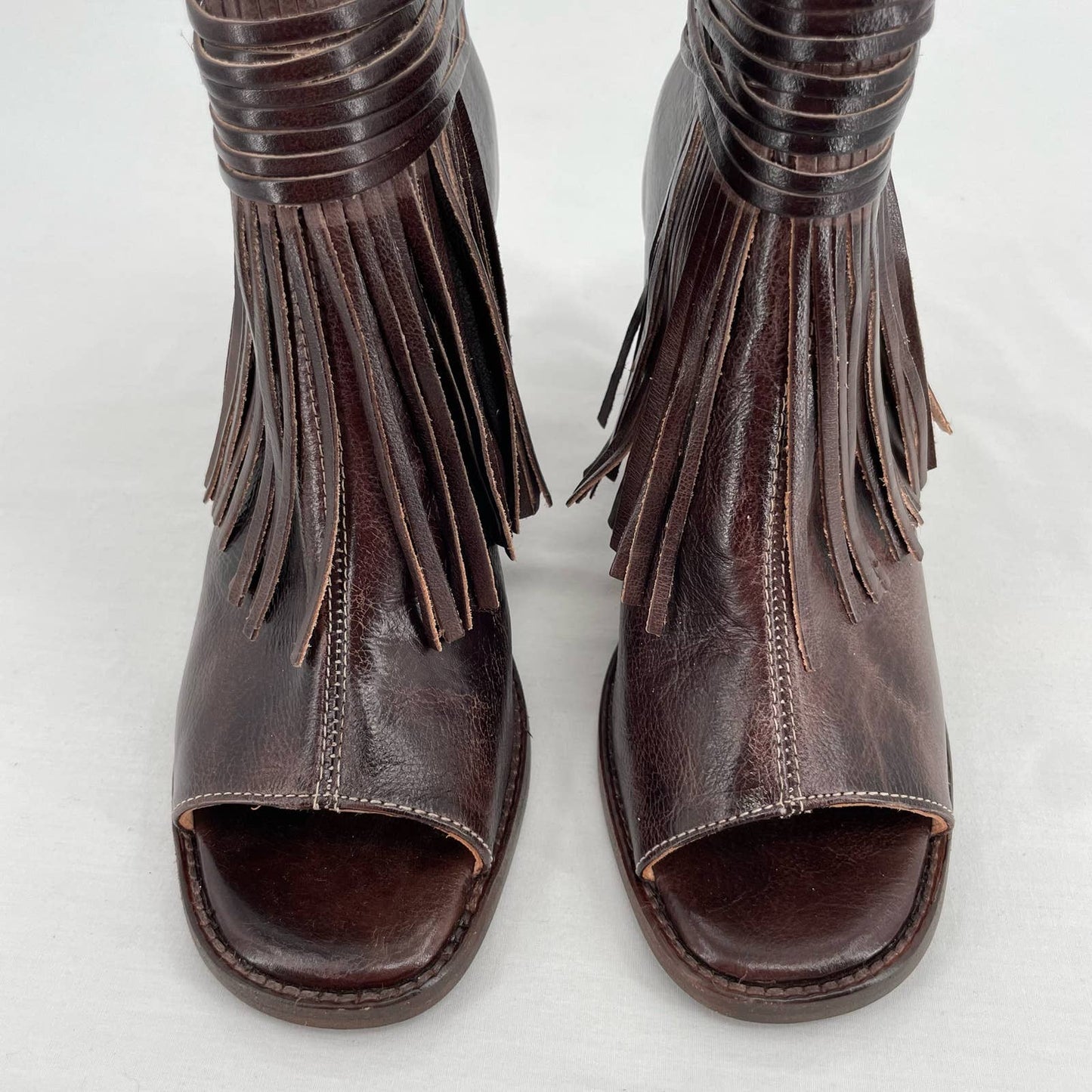 BED|STU Olivia Brown Rustic Fringe Peep Toe Ankle Booties Western Boho Size 9.5