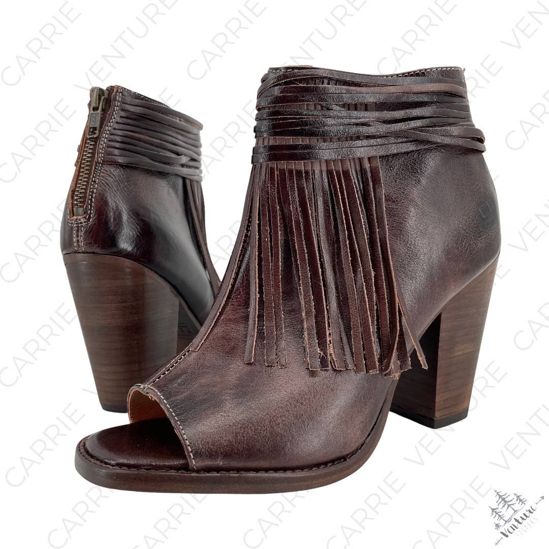 BED|STU Olivia Brown Rustic Fringe Peep Toe Ankle Booties Western Boho Size 9.5