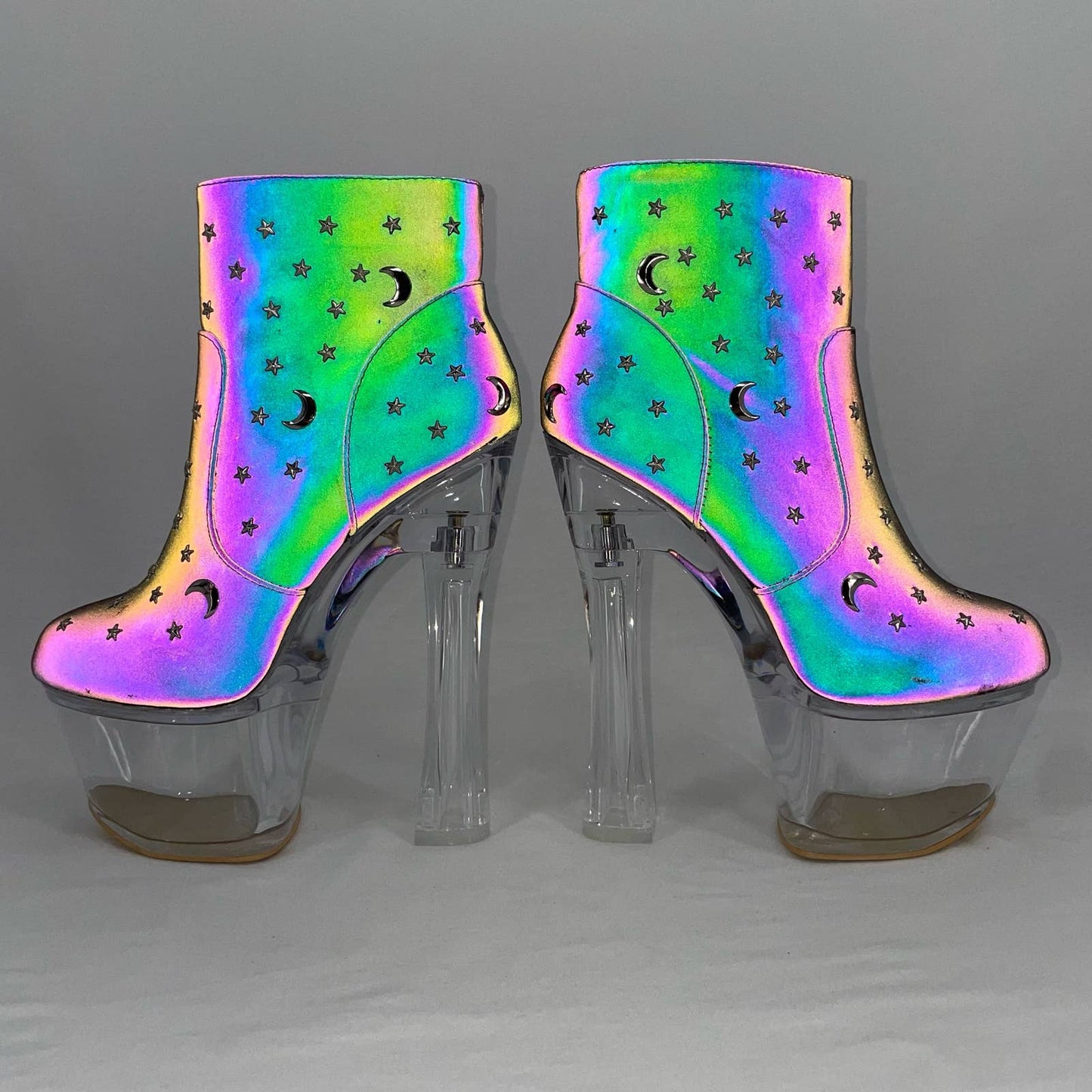 Exotic Cosmic Reflective Heels Celestial Moon Stars Clear Platform Dancer Boots Size 7