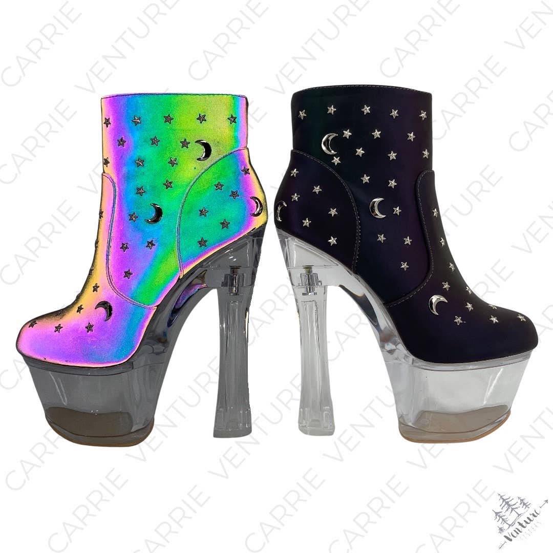 Exotic Cosmic Reflective Heels Celestial Moon Stars Clear Platform Dancer Boots Size 7