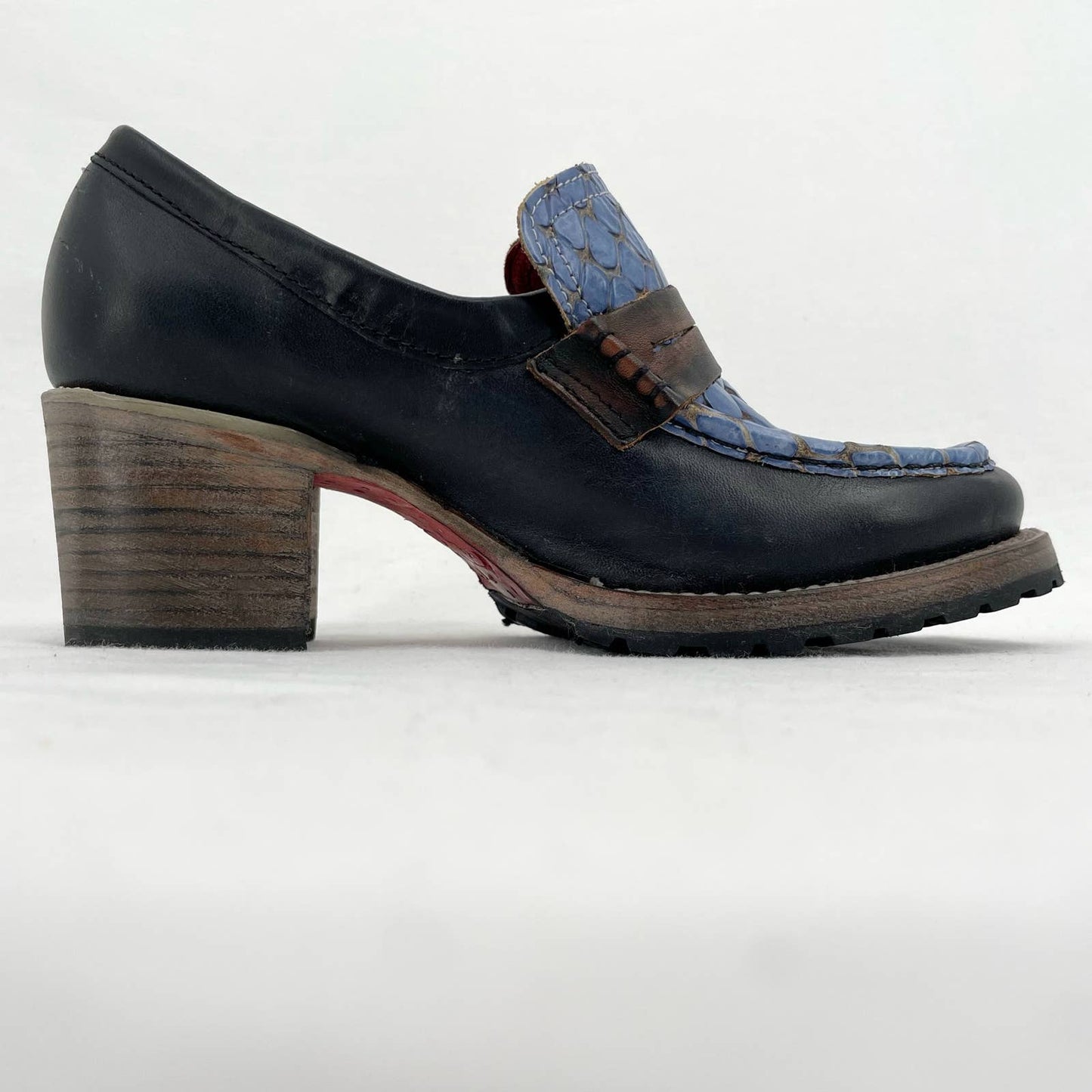 Freebird by Steven Bristol Blue Croc Black Leather Crocodile Loafer Heels Size 7