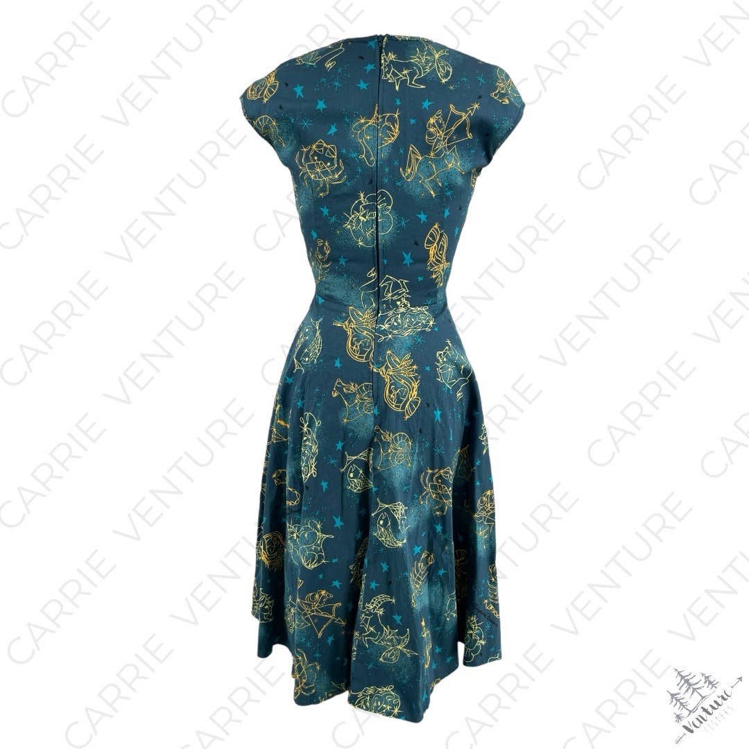 Pinup Couture Heidi Dress Darling Retro Astrology Zodiac Blue Yellow Stars Print Size M