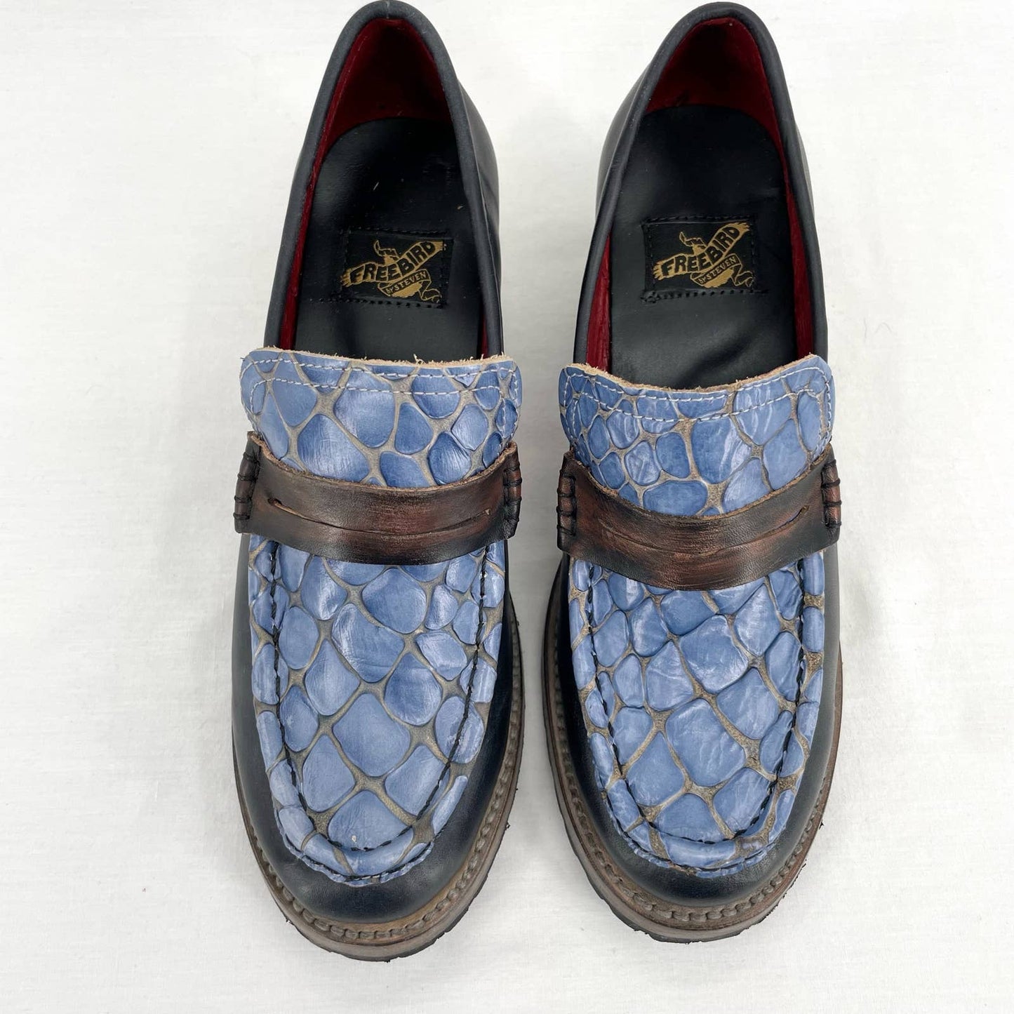 Freebird by Steven Bristol Blue Croc Black Leather Crocodile Loafer Heels Size 7