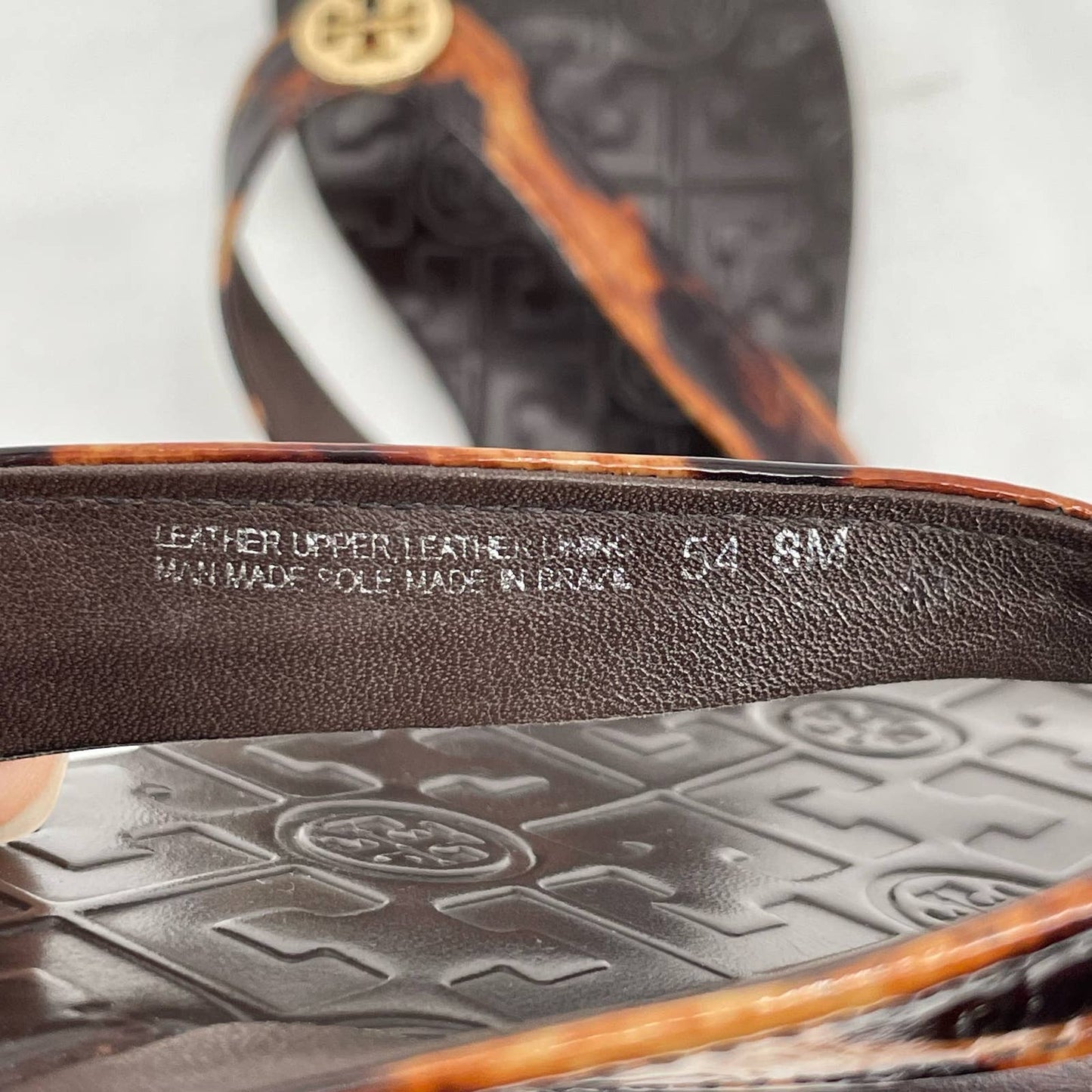 Tory Burch Thora Leopard Patent Brown Summer Thong Sandals Logo Animal Print Size 8