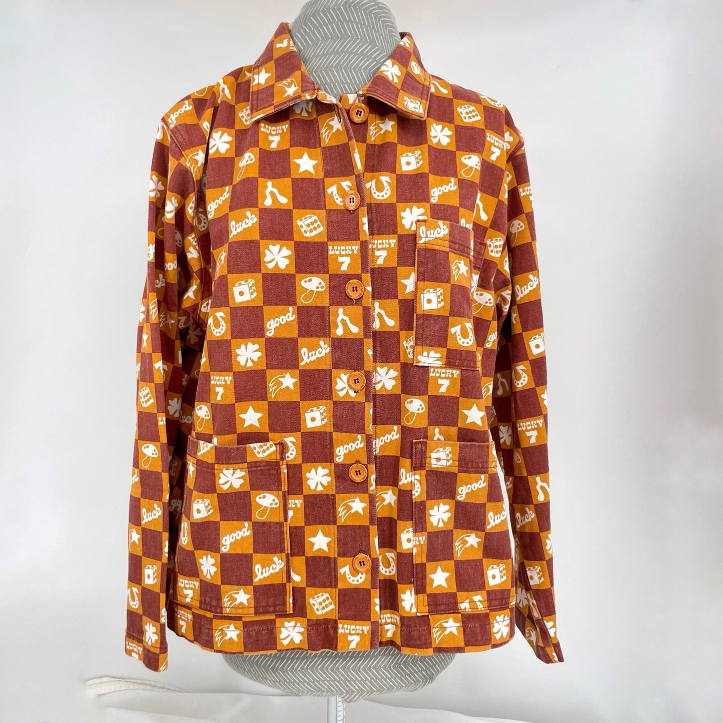 Big Bud Press Work Jacket Lucky Collection Gold Maroon Checkered Button Coat Size M