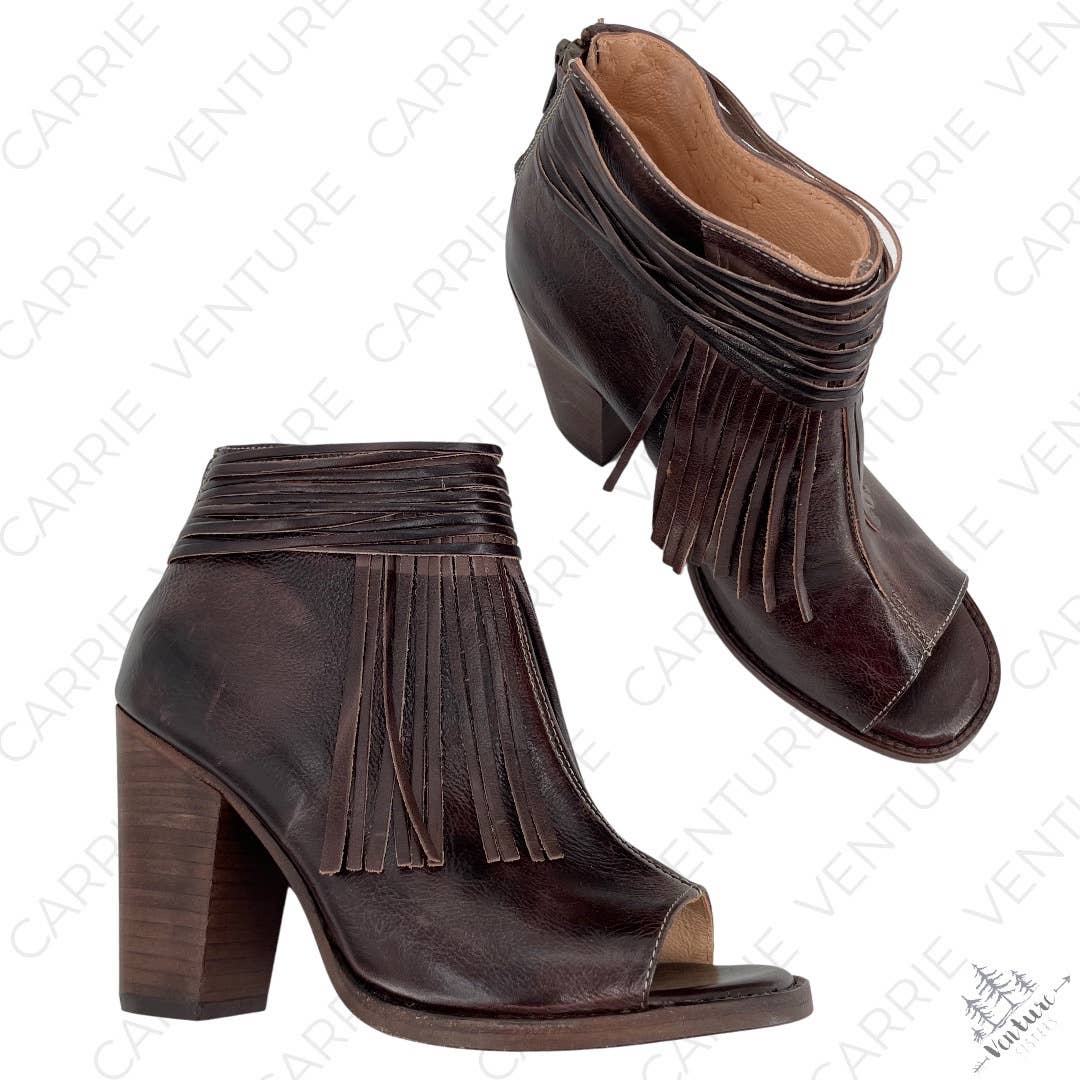 BED|STU Olivia Brown Rustic Fringe Peep Toe Ankle Booties Western Boho Size 9.5