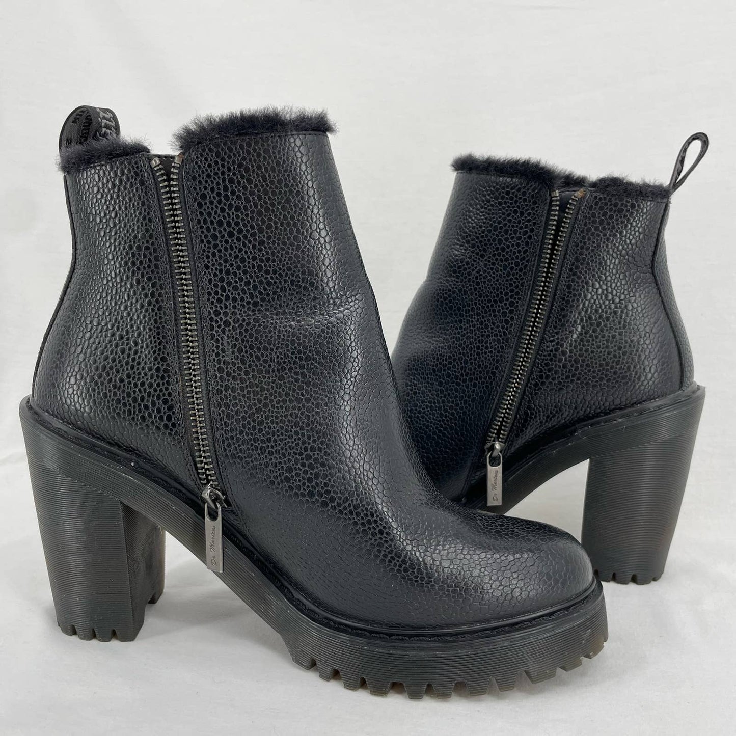 Dr. Martens Magdalena Fur Lined Black Witchy Grunge Leather Heeled Ankle Boot 10
