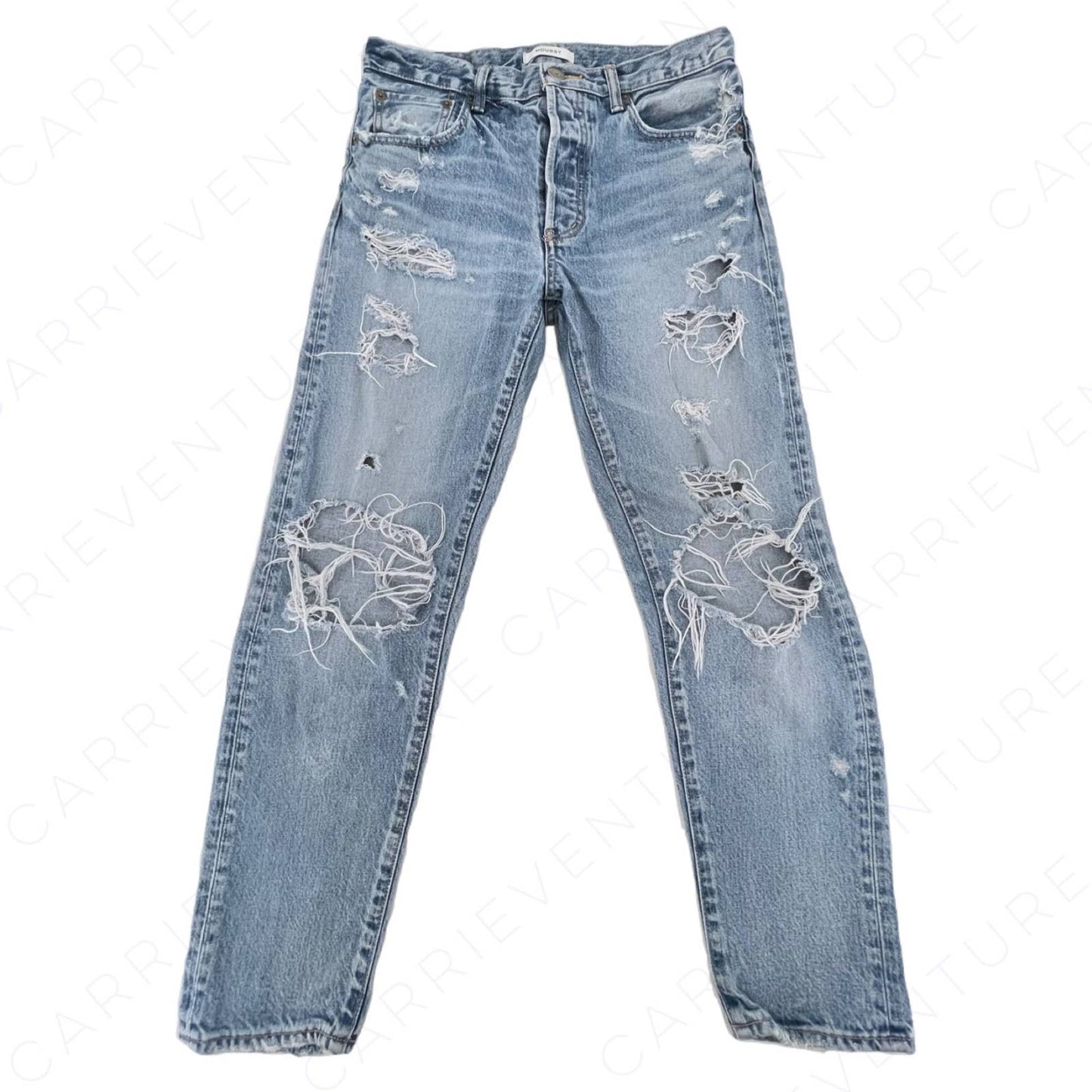 Moussy Vintage Hayden Tapered Thrashed Light Wash Distressed Blue Jeans Size 28