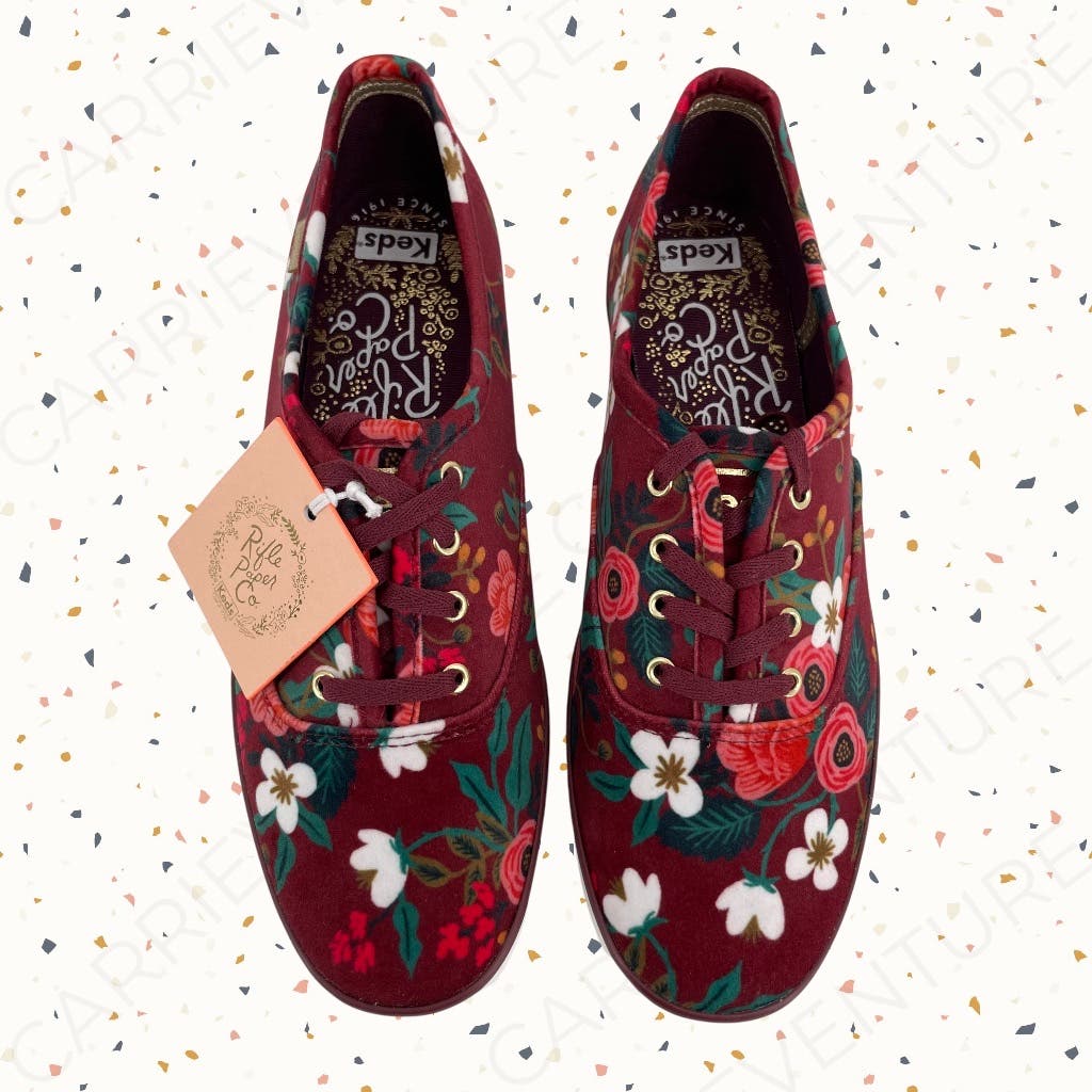 NEW Keds X Rifle Paper Co Sneakers Red Velvet Floral Garden Fall Flats Shoes Size 8.5