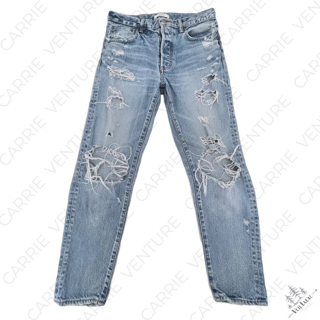Moussy Vintage Hayden Tapered Thrashed Light Wash Distressed Blue Jeans Size 28