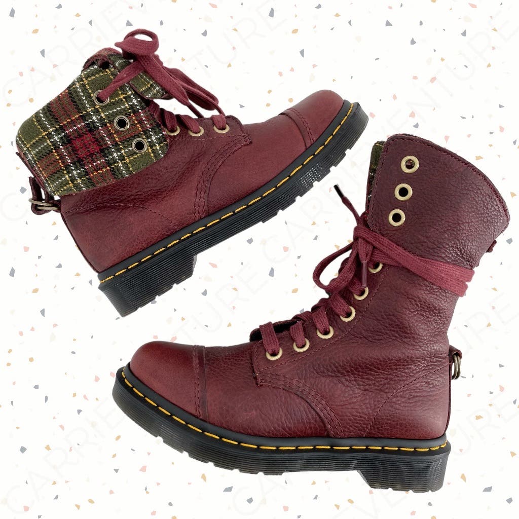 Dr. Martens Aimilita Red Leather Fold Over Biker Boot Tartan Green Grunge Docs Size 7