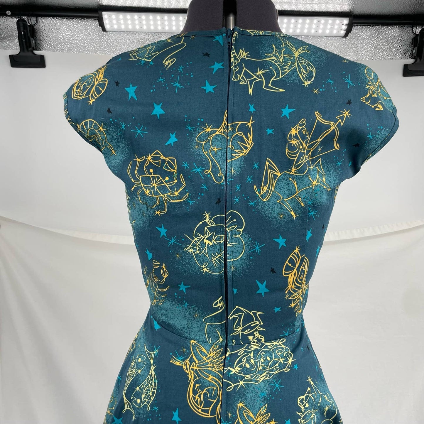 Pinup Couture Heidi Dress Darling Retro Astrology Zodiac Blue Yellow Stars Print Size M