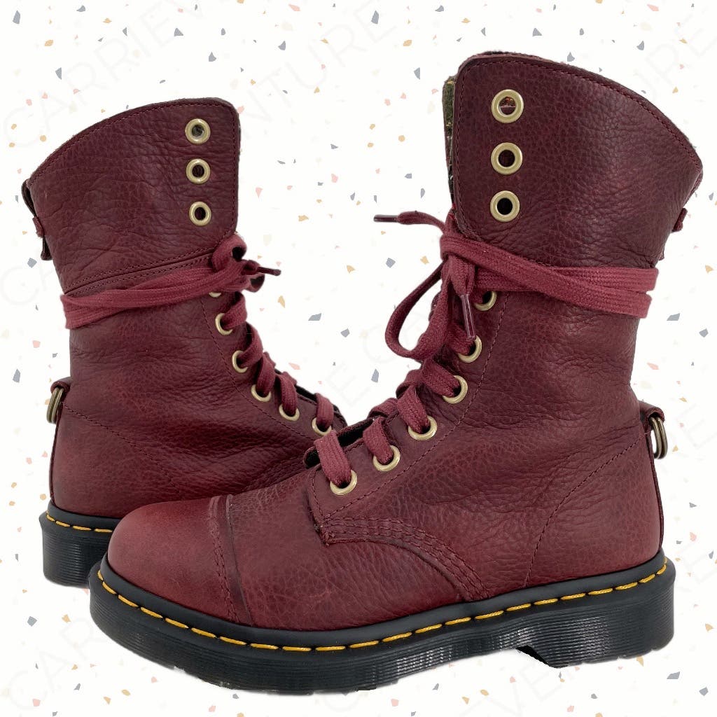 Dr. Martens Aimilita Red Leather Fold Over Biker Boot Tartan Green Grunge Docs Size 7