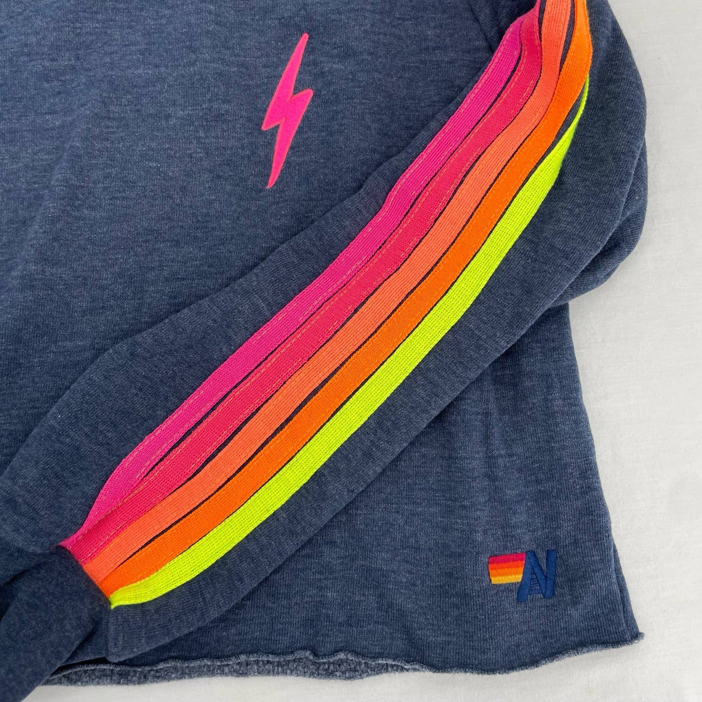 Aviator Nation Heather Navy Bolt Classic Cropped Crew Sweatshirt Neon 5 Stripe Size L