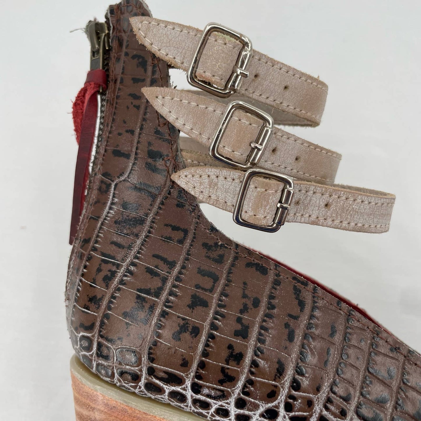 Freebird by Steven Randi Stone Croco Strappy Heels Buckles Chunky Block Heel Size 12
