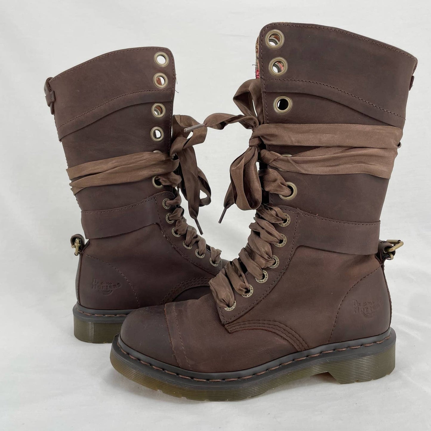 Dr. Martens Triumph Boots Brown Leather Pirate Style Fold Down Floral Lining Size 7