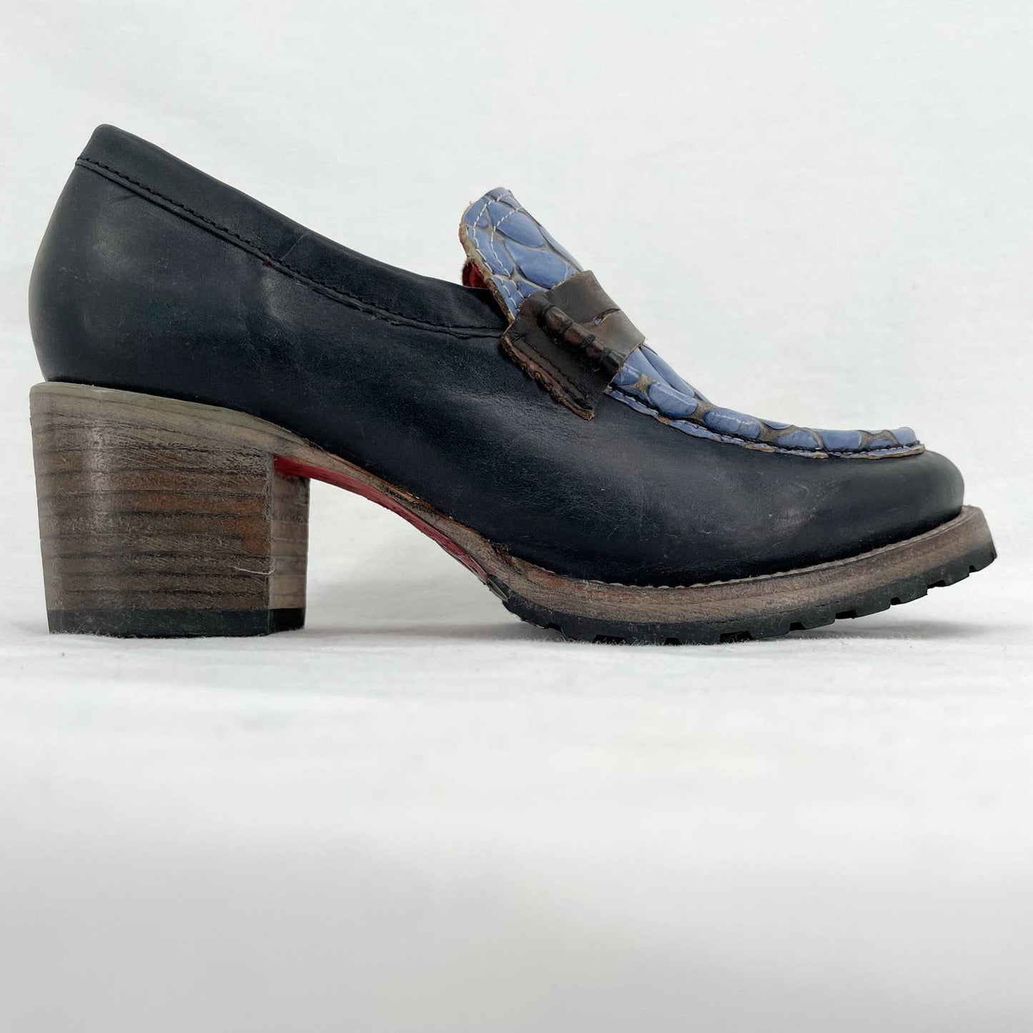 Freebird by Steven Bristol Blue Croc Black Leather Crocodile Loafer Heels Size 7
