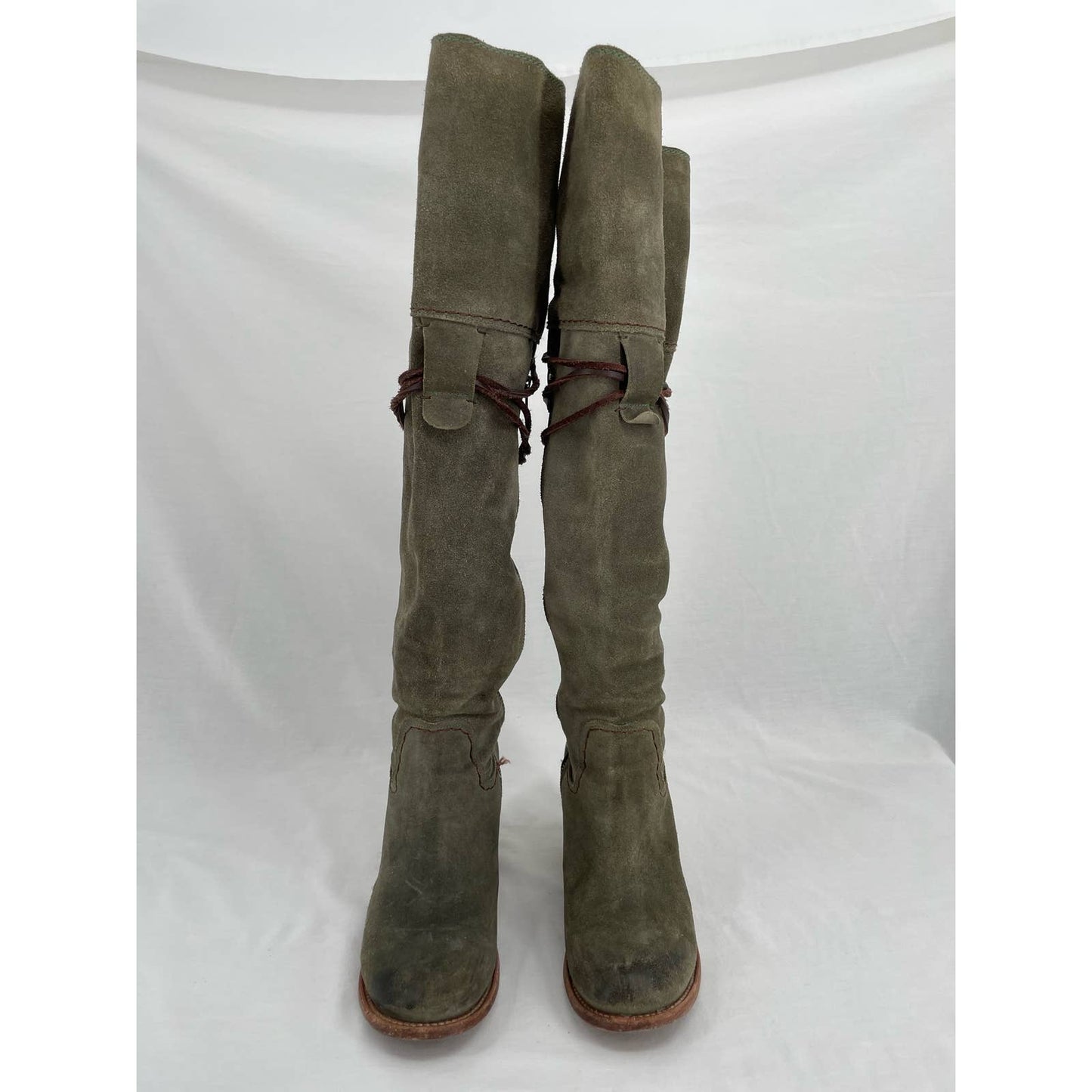 Freebird by Steven Brock Olive Green Suede Tall Leather OTK Heeled Lace Boots Size 10