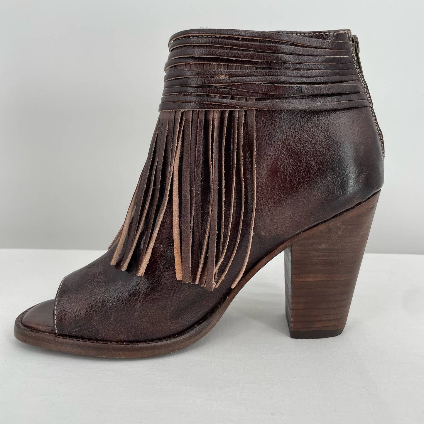 BED|STU Olivia Brown Rustic Fringe Peep Toe Ankle Booties Western Boho Size 9.5