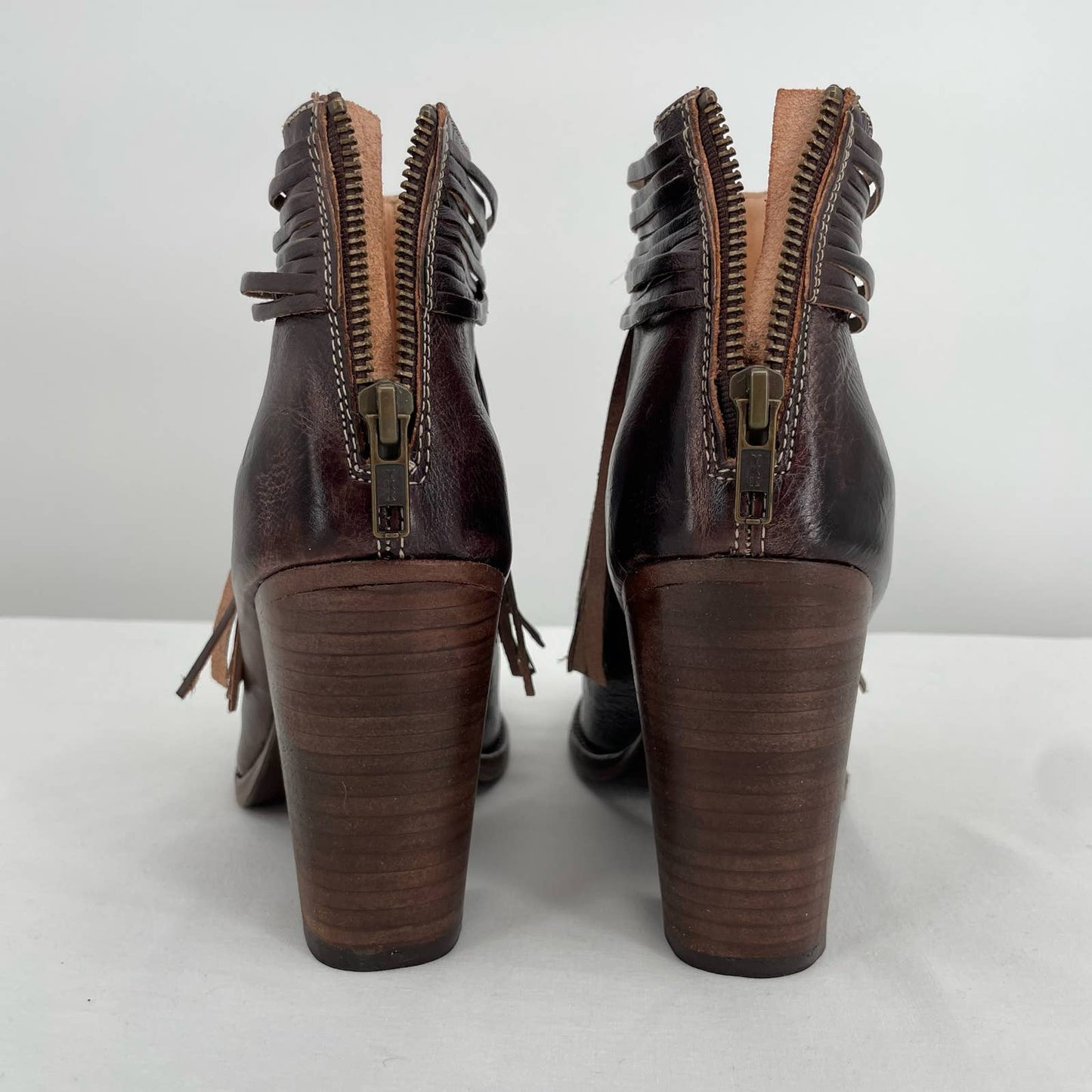 BED|STU Olivia Brown Rustic Fringe Peep Toe Ankle Booties Western Boho Size 9.5