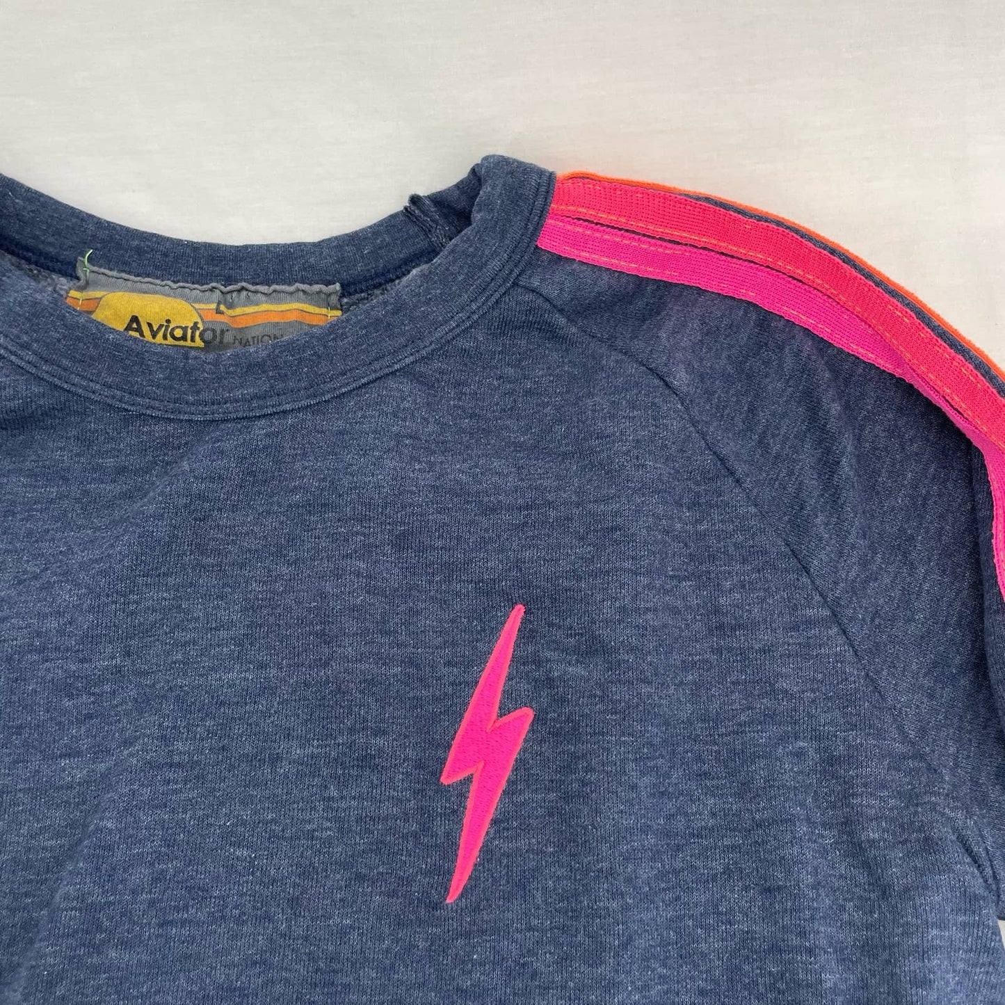Aviator Nation Heather Navy Bolt Classic Cropped Crew Sweatshirt Neon 5 Stripe Size L