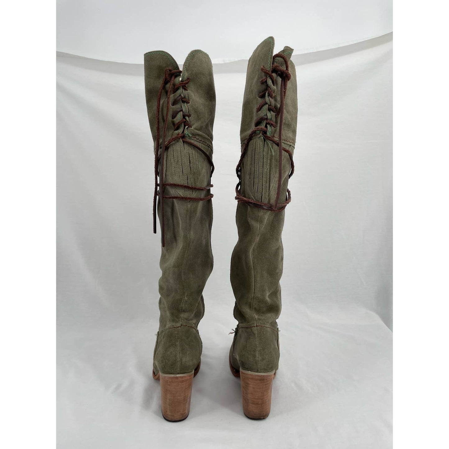 Freebird by Steven Brock Olive Green Suede Tall Leather OTK Heeled Lace Boots Size 10