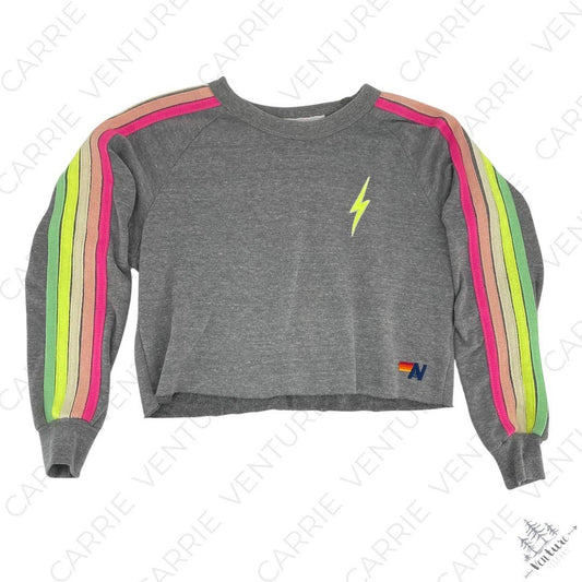 Aviator Nation Light Gray Bolt Classic Cropped Crew Sweatshirt Neon 5 Stripe Size XS