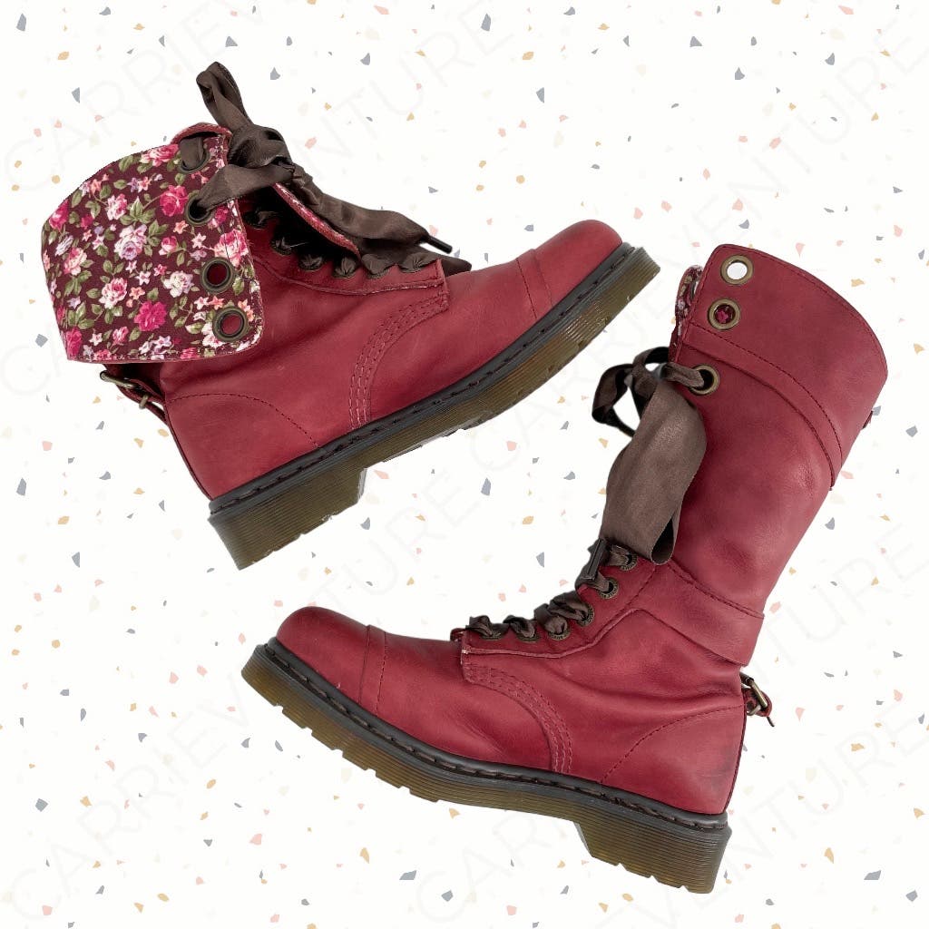 Dr. Martens Triumph Boots Red Oxblood Leather Pirate Fold Down Floral Boots US Size 7