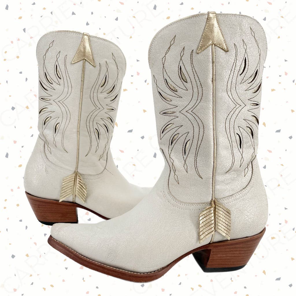 Lucchese x Kacey Musgraves Golden Arrow White Leather Cowboy Boots RARE Size 9.5