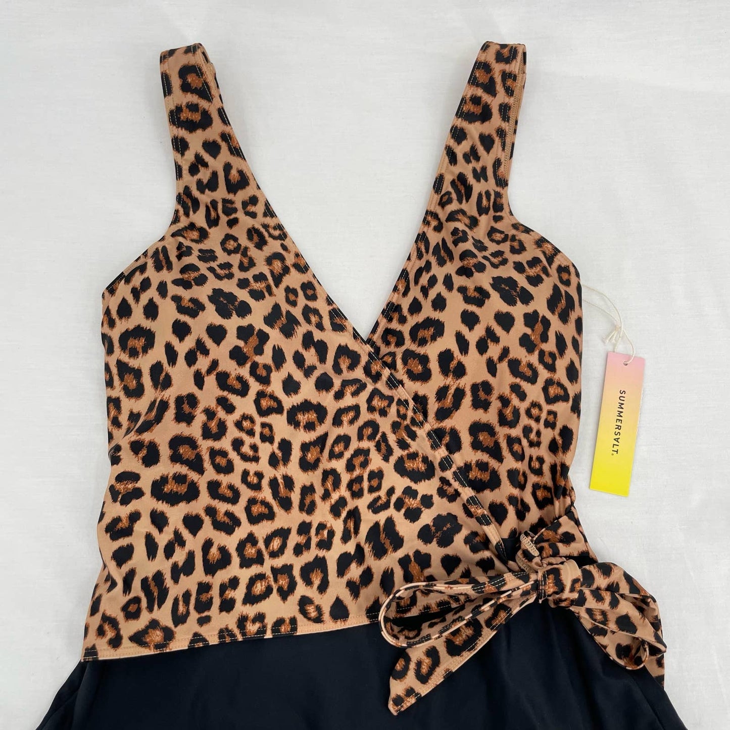 NEW Summersalt Perfect Wrap Leopard Print One Piece Swimsuit Black Tie Front Size 8