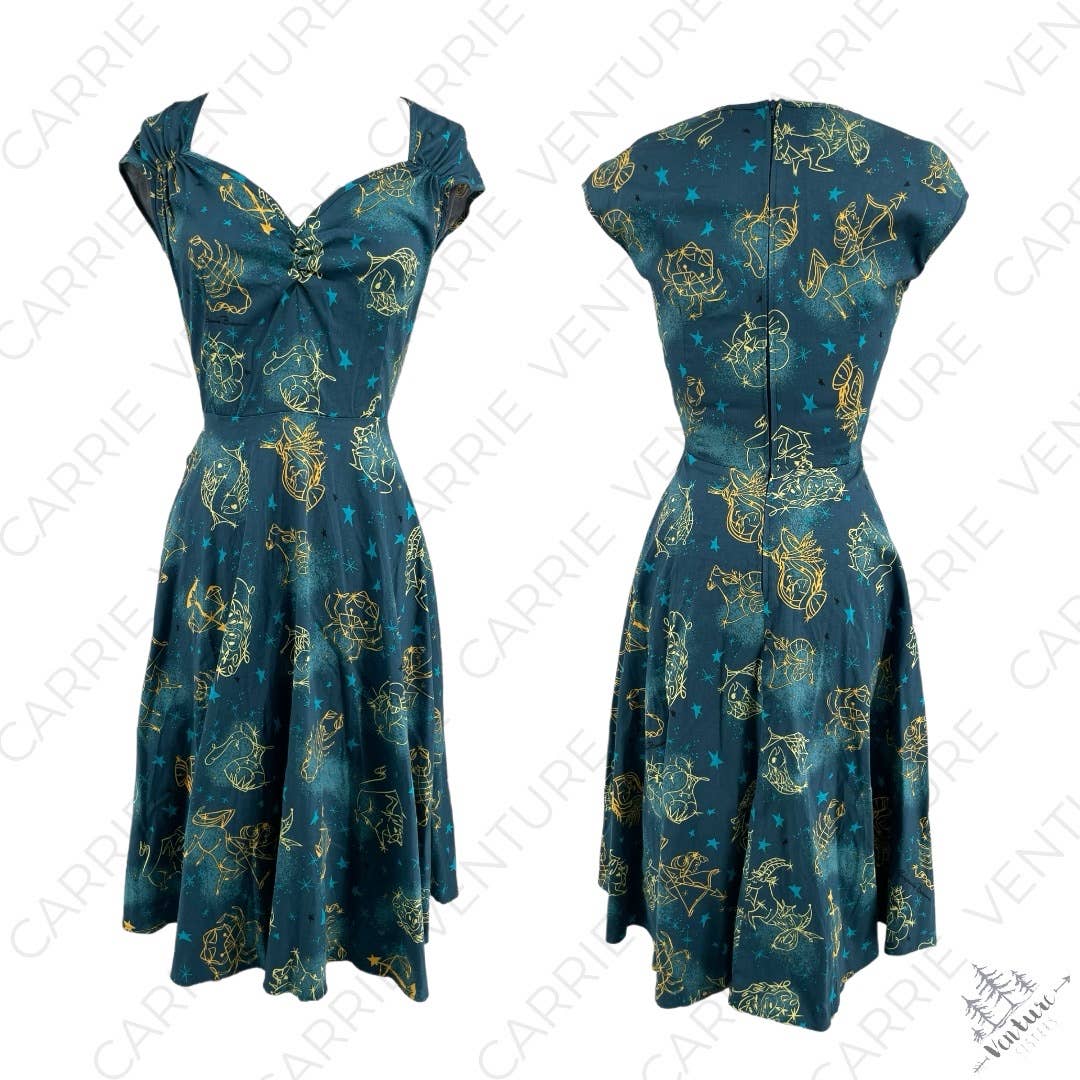 Pinup Couture Heidi Dress Darling Retro Astrology Zodiac Blue Yellow Stars Print Size M