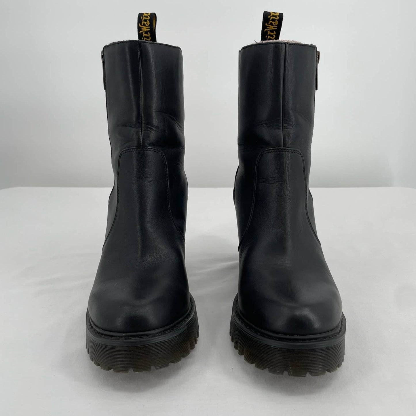 Dr. Martens Magdalena II Black Heeled Boots Zippers Lug Sole Chunky Heel Size 9