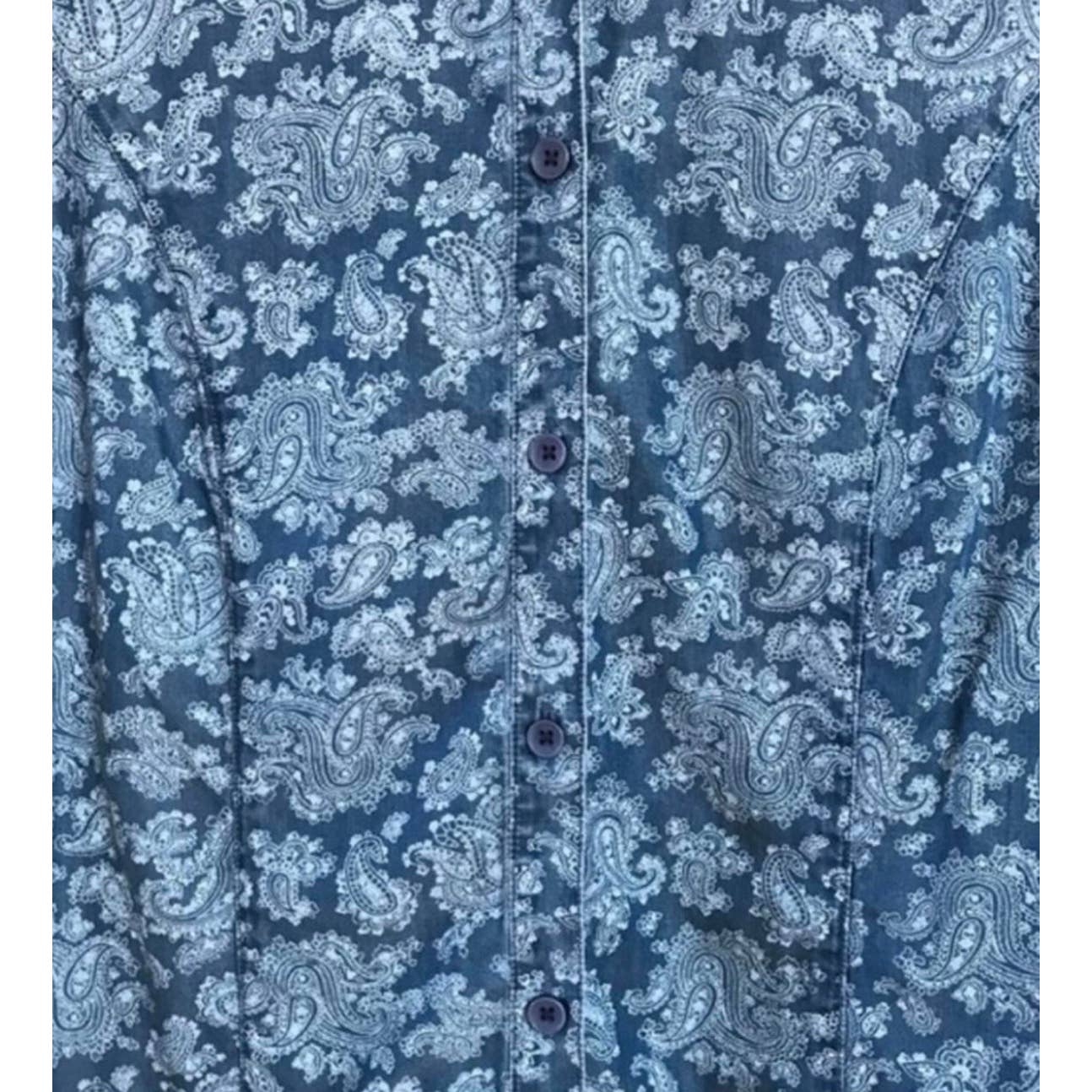 Coldwater Creek Button Up Top Blouse Paisley Light Blue Western Chambray Style Size 8