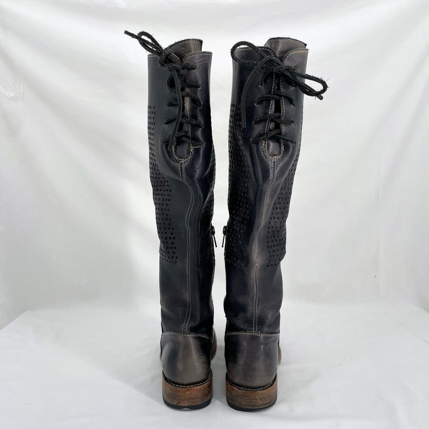 Bed|Stu Cambridge Boots Black Gray Cutout Perforated Tall Boho Shoes Size 7.5