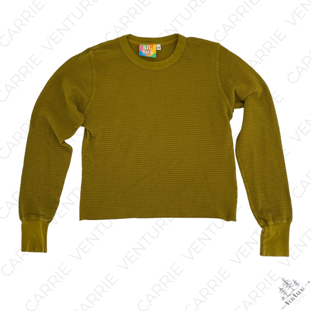 Big Bud Press Honeycomb Texture Thermal Tee Olive Green Long Sleeve Cotton Top Unisex Size XS