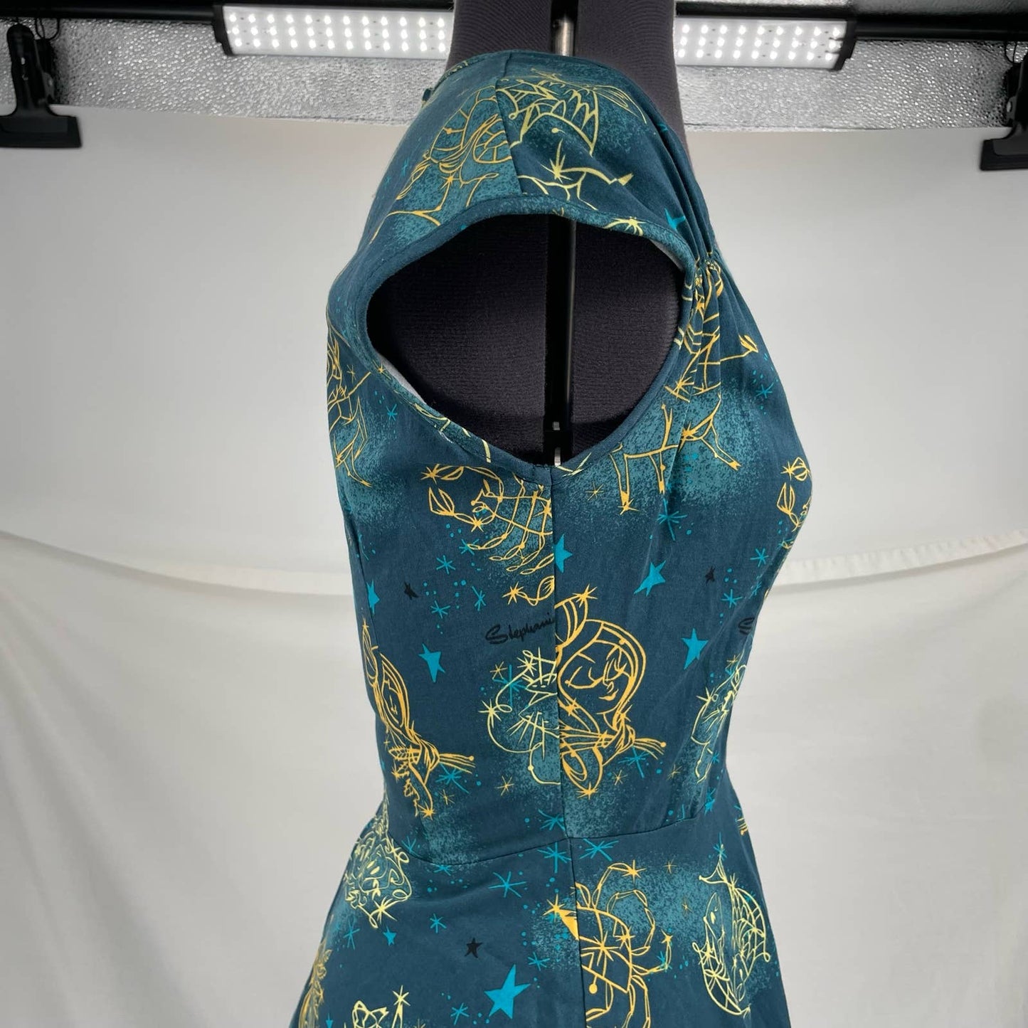 Pinup Couture Heidi Dress Darling Retro Astrology Zodiac Blue Yellow Stars Print Size M