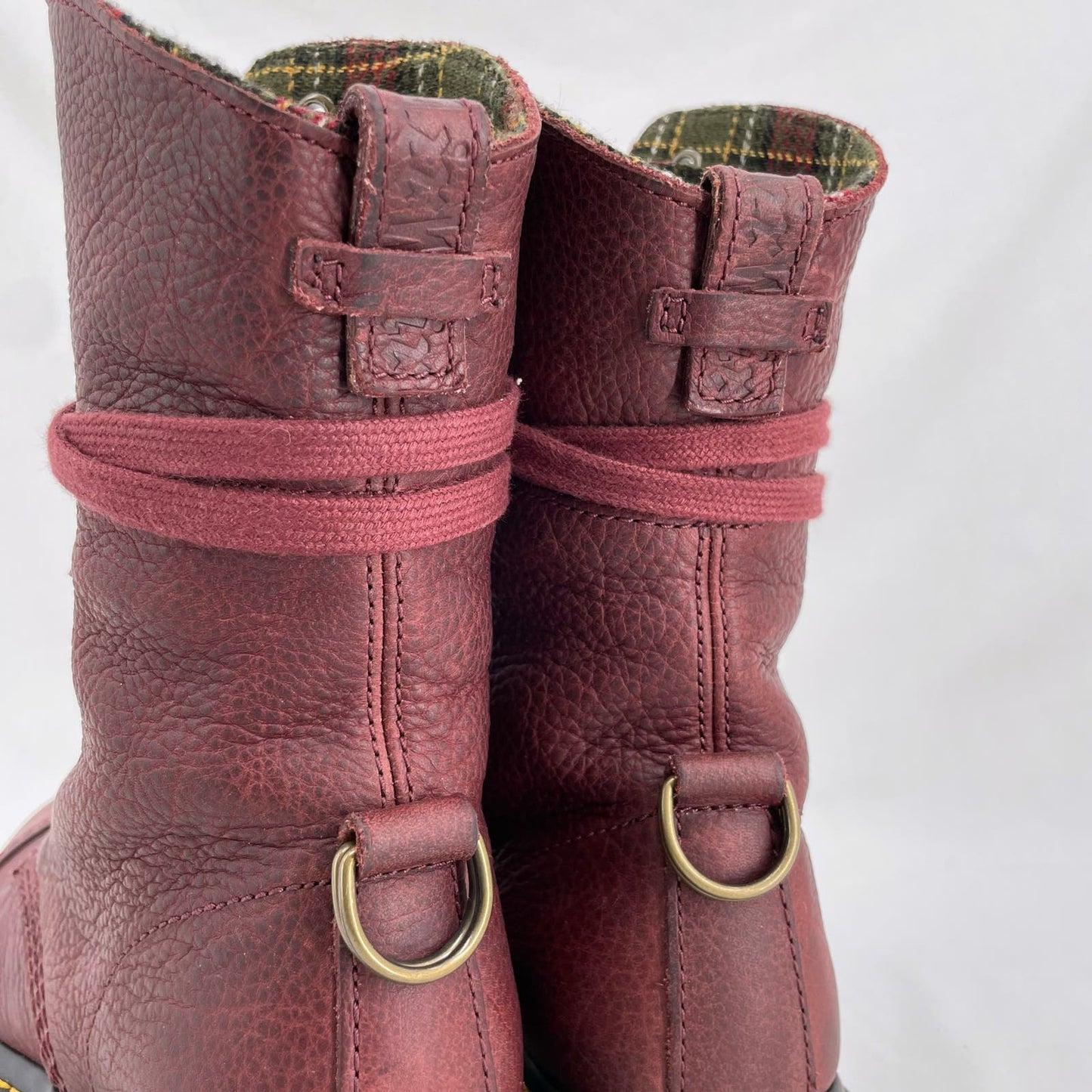 Dr. Martens Aimilita Red Leather Fold Over Biker Boot Tartan Green Grunge Docs Size 7