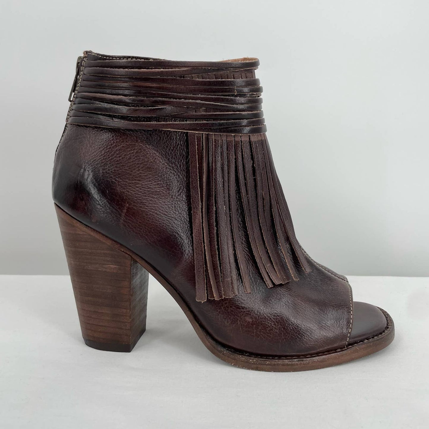 BED|STU Olivia Brown Rustic Fringe Peep Toe Ankle Booties Western Boho Size 9.5