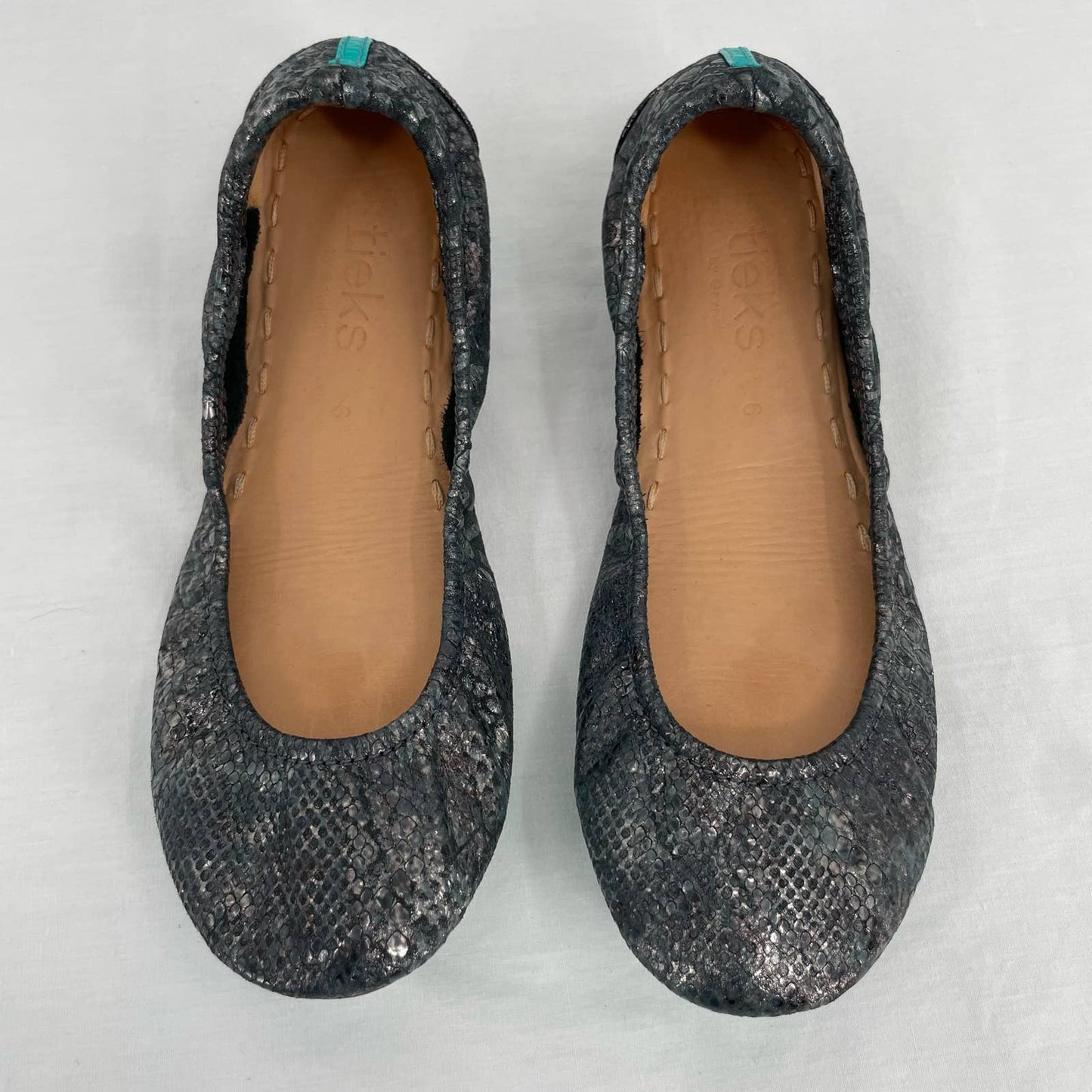 Tieks Drago Black Leather Ballet Flats Snakeskin Dragon Shiny Metallic Foil Shoe Size 6
